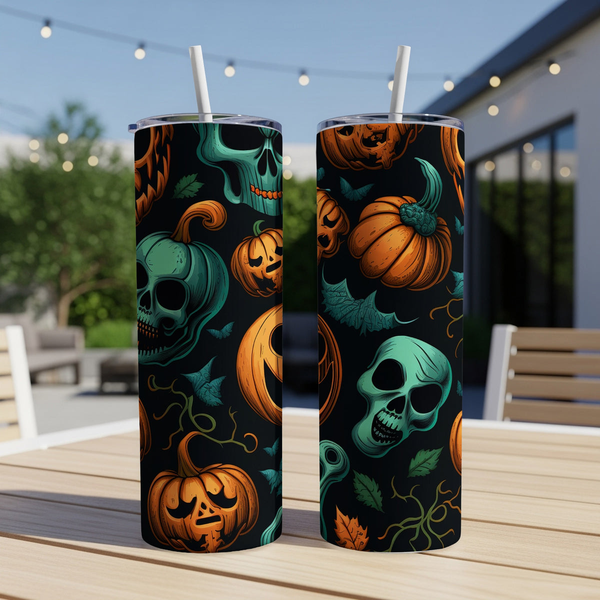 Two tumblers with a repeating Halloween pattern of pumpkins and skulls.