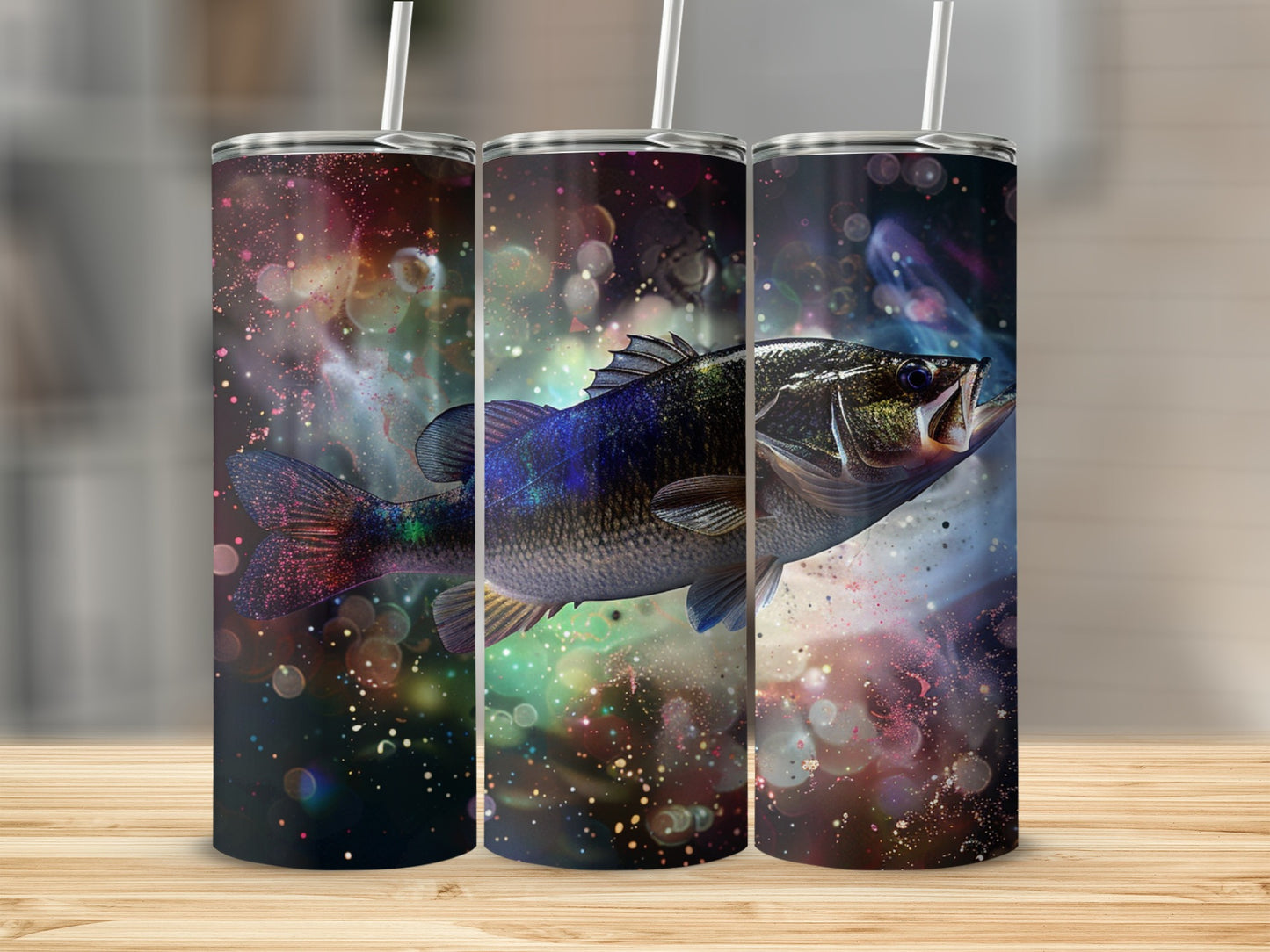 Three tumblers featuring a jumping bass fish with colorful, abstract background.