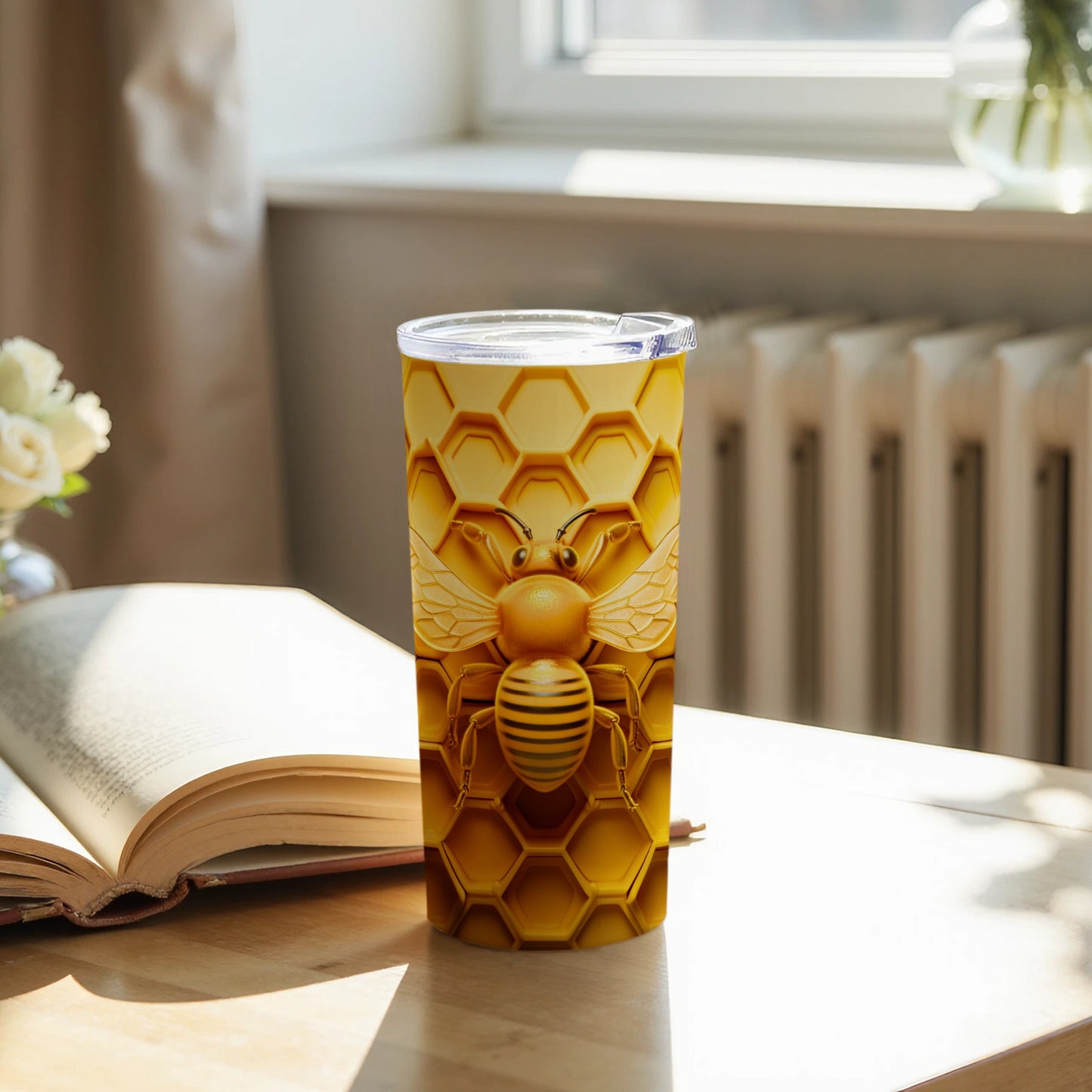 Golden Honeycomb Bee Design Travel Beverage Holder product type
Bee, Honeycomb, Tumbler, Travel Mug, Yellow, Gold, Hexagon, Drinkware, Beverage, Nature, Insect, Wildlife, Honeybee, Golden Bee, Bee Pattern, Summer, Gift, Unique, Cute Bee, Modern Design