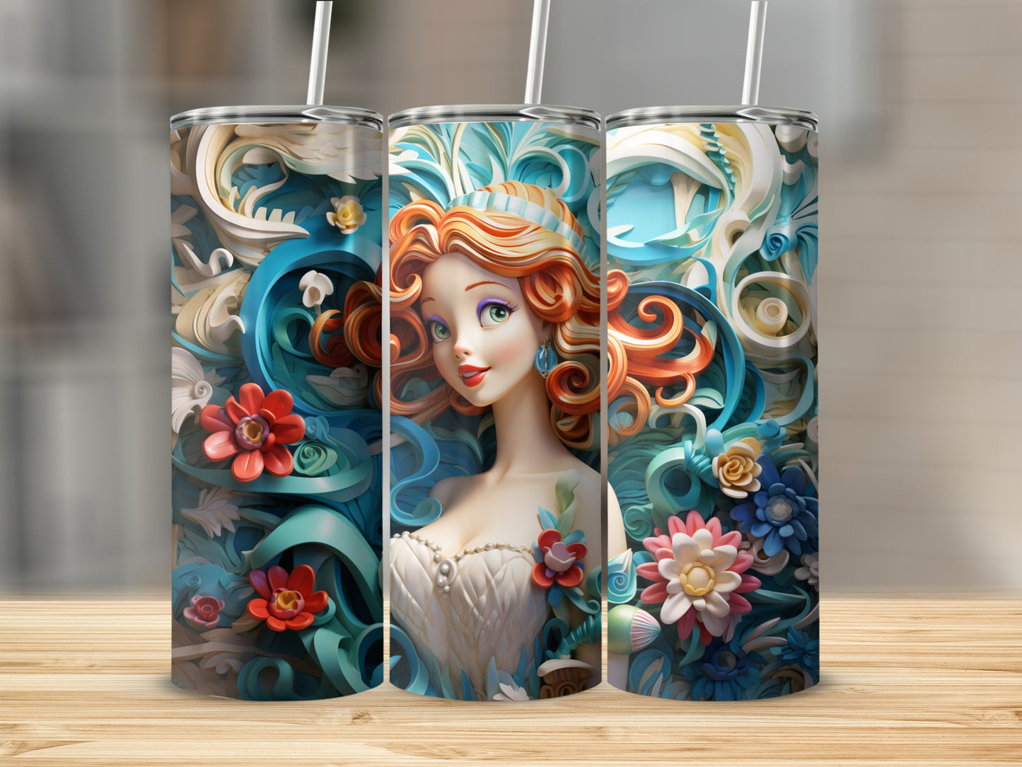 Elegant Floral Mermaid Design Insulated Tumbler