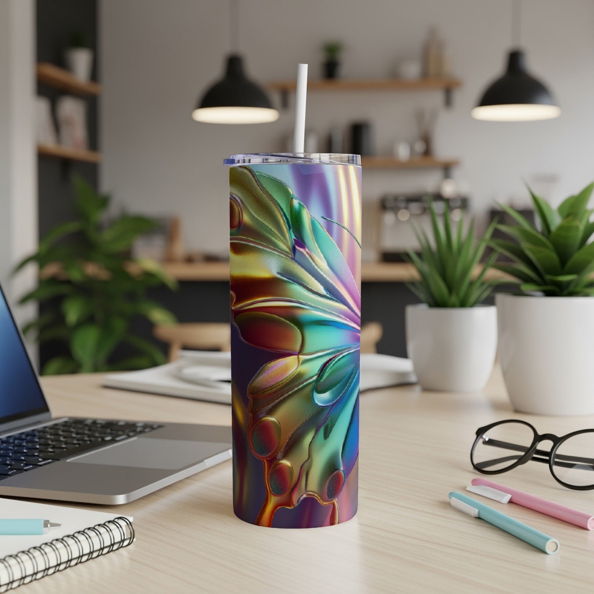 Iridescent butterfly wing on a white tumbler with a straw.
