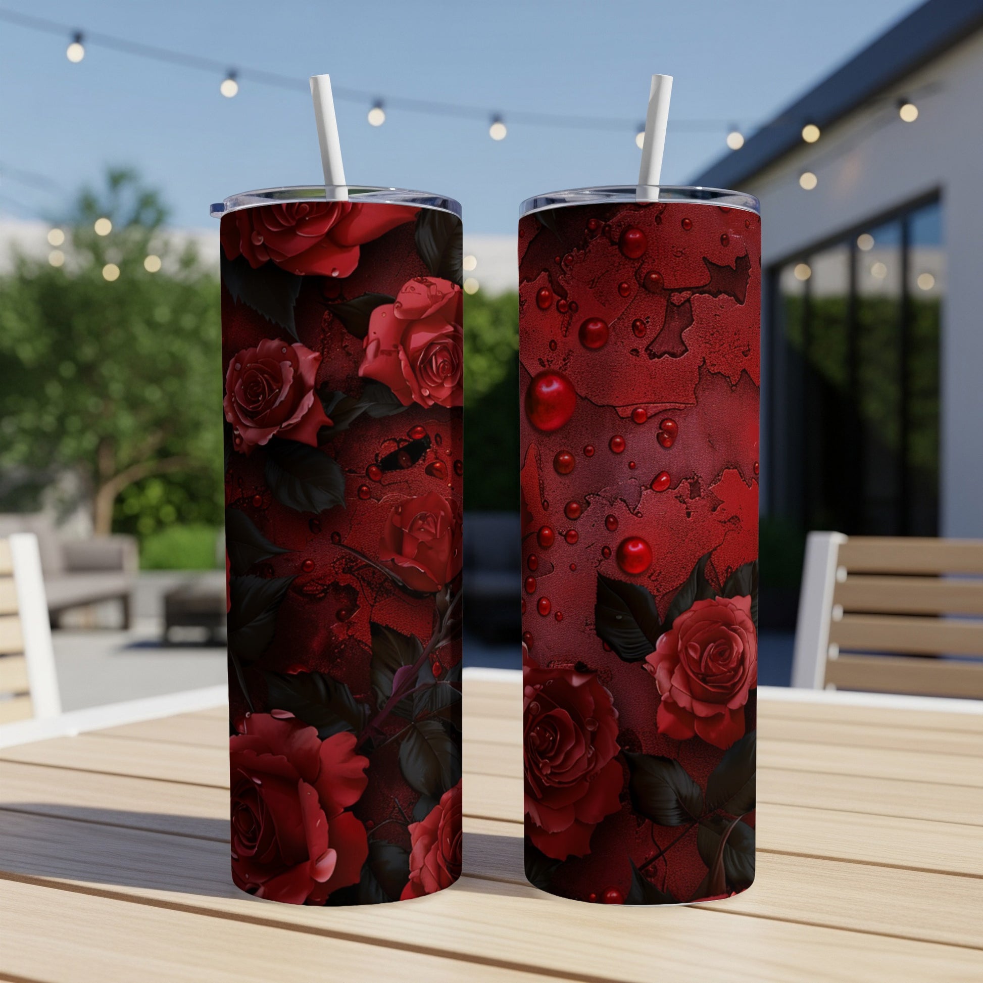 Two red rose tumblers with straws on a table.