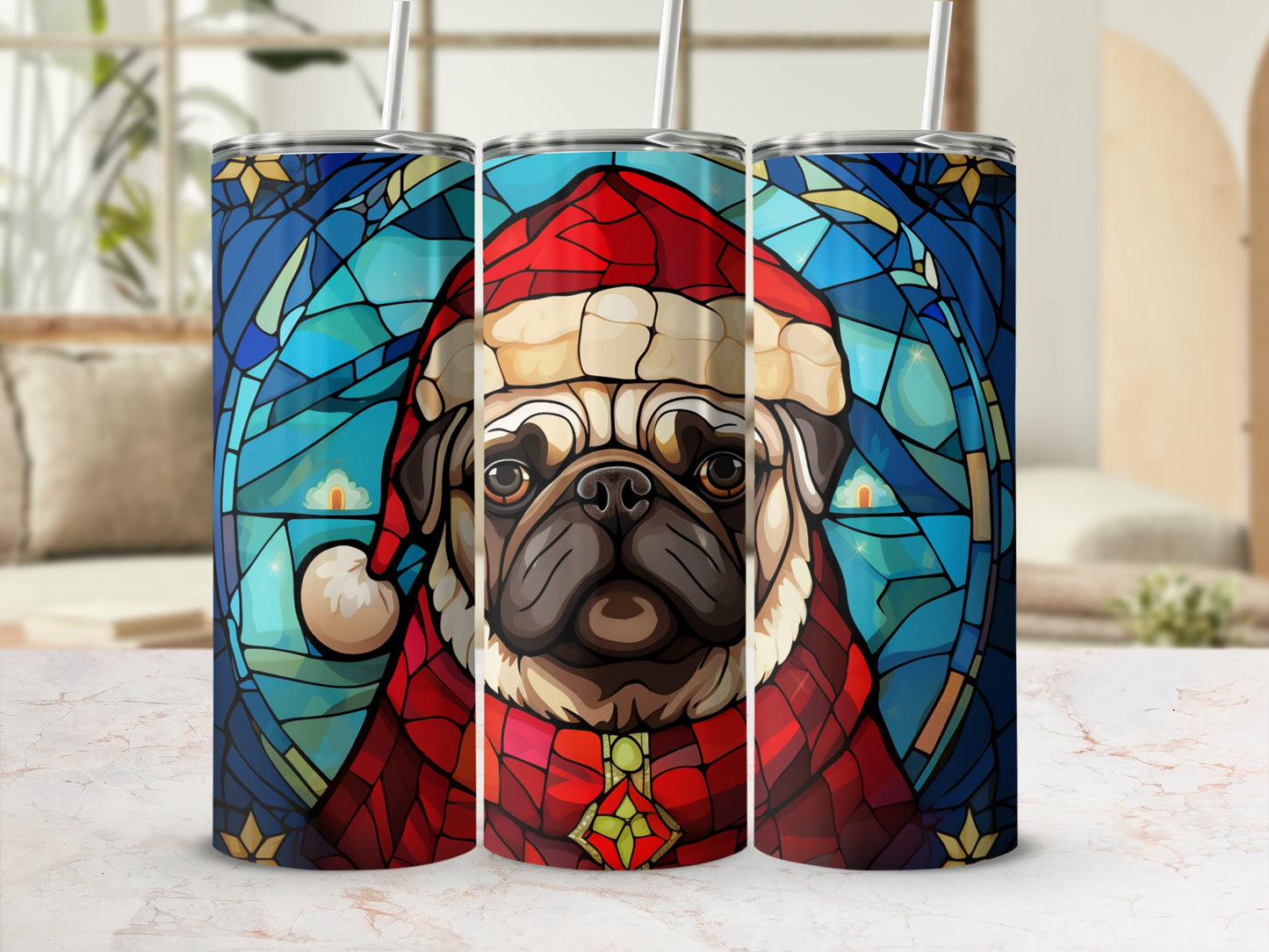 Three stained-glass style tumblers featuring a pug wearing a Santa hat.