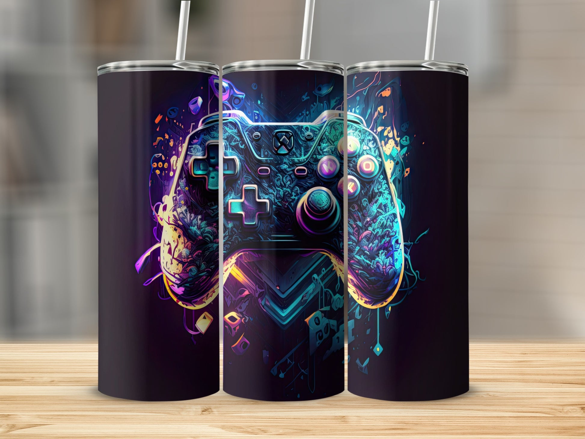 Vibrant Gaming Themed Tumbler with Colorful Controller