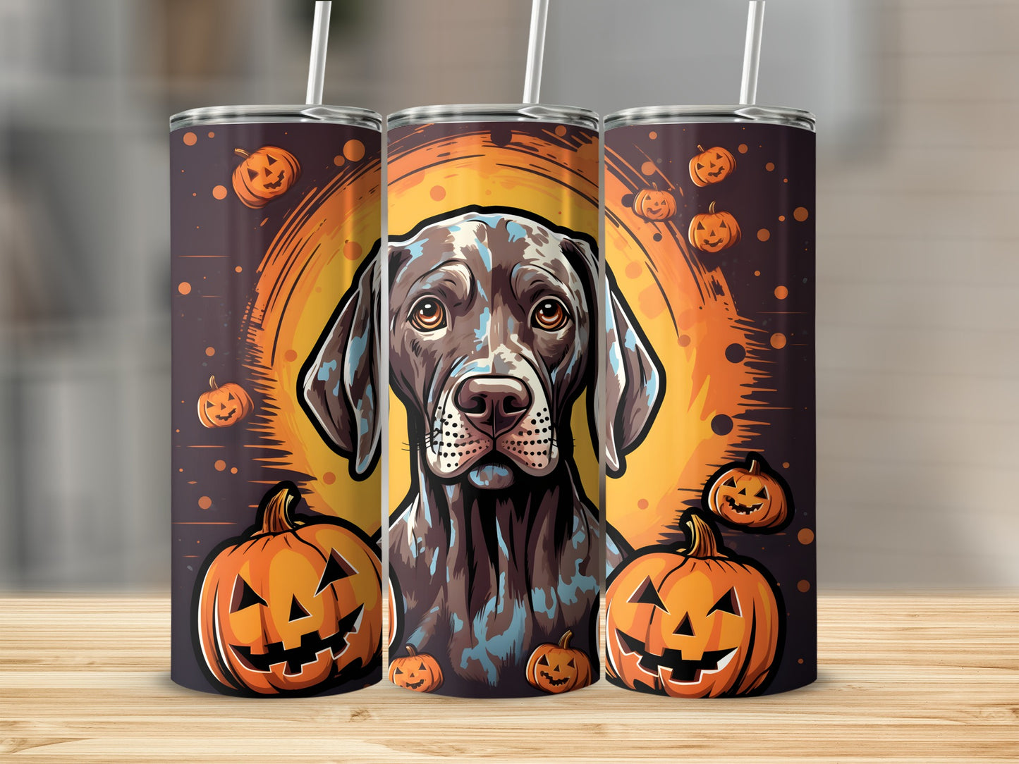 Three tumblers feature a German Shorthaired Pointer with Halloween pumpkins and orange circles.