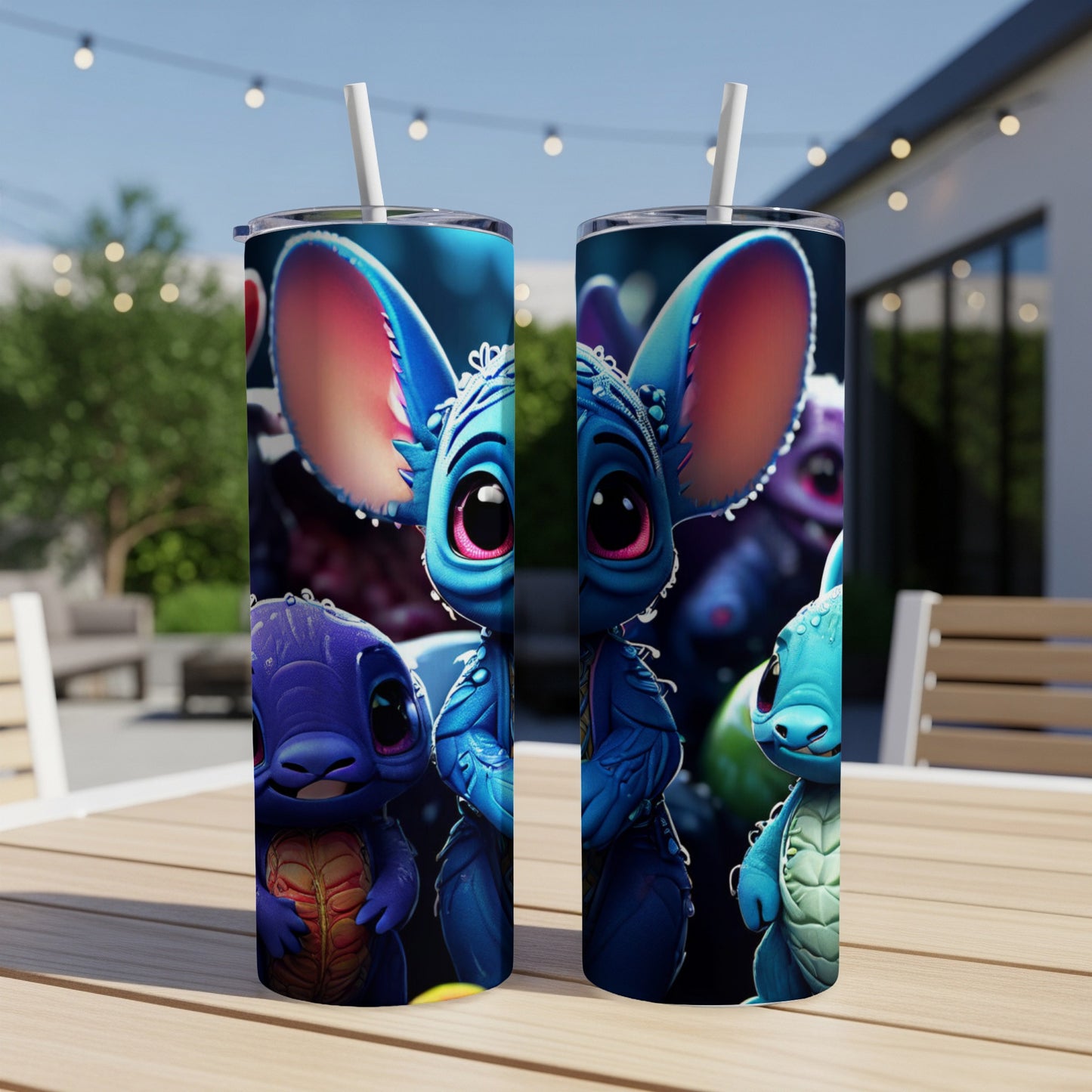 Two blue alien characters with large ears and big eyes on a tumbler.