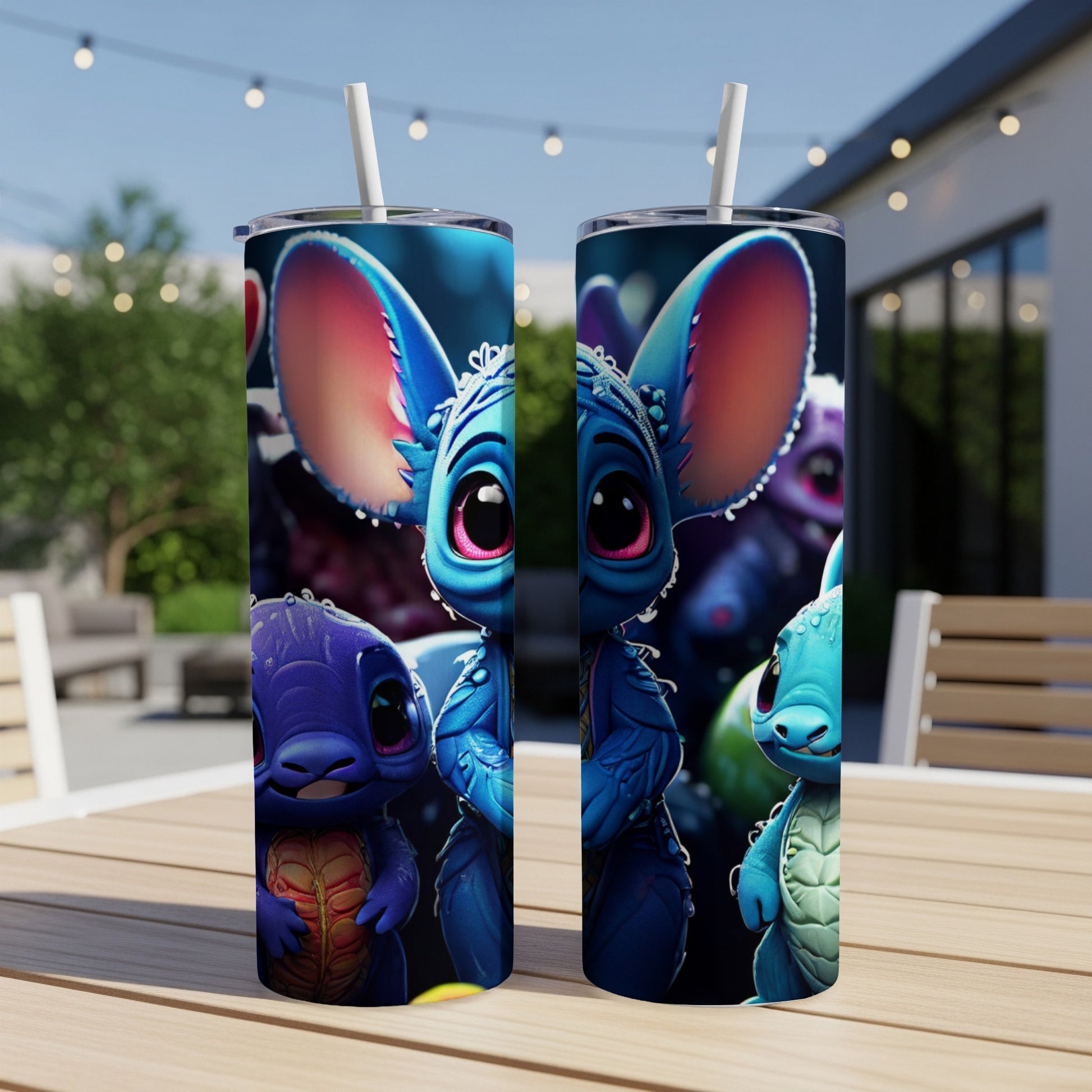 Two blue alien characters with large ears and big eyes on a tumbler.