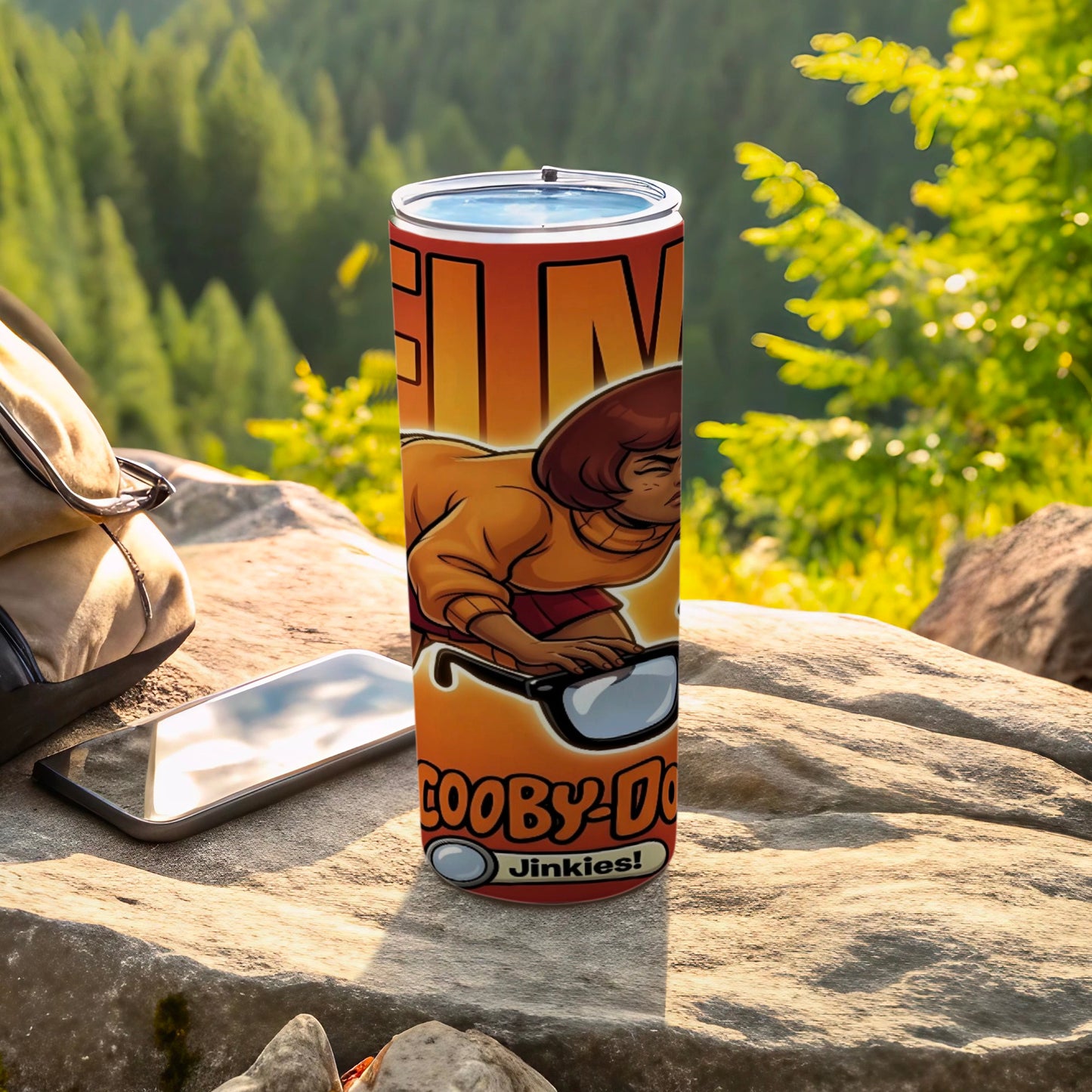 Scooby-Doo character Velma on a tumbler with "Jinkies!" text.