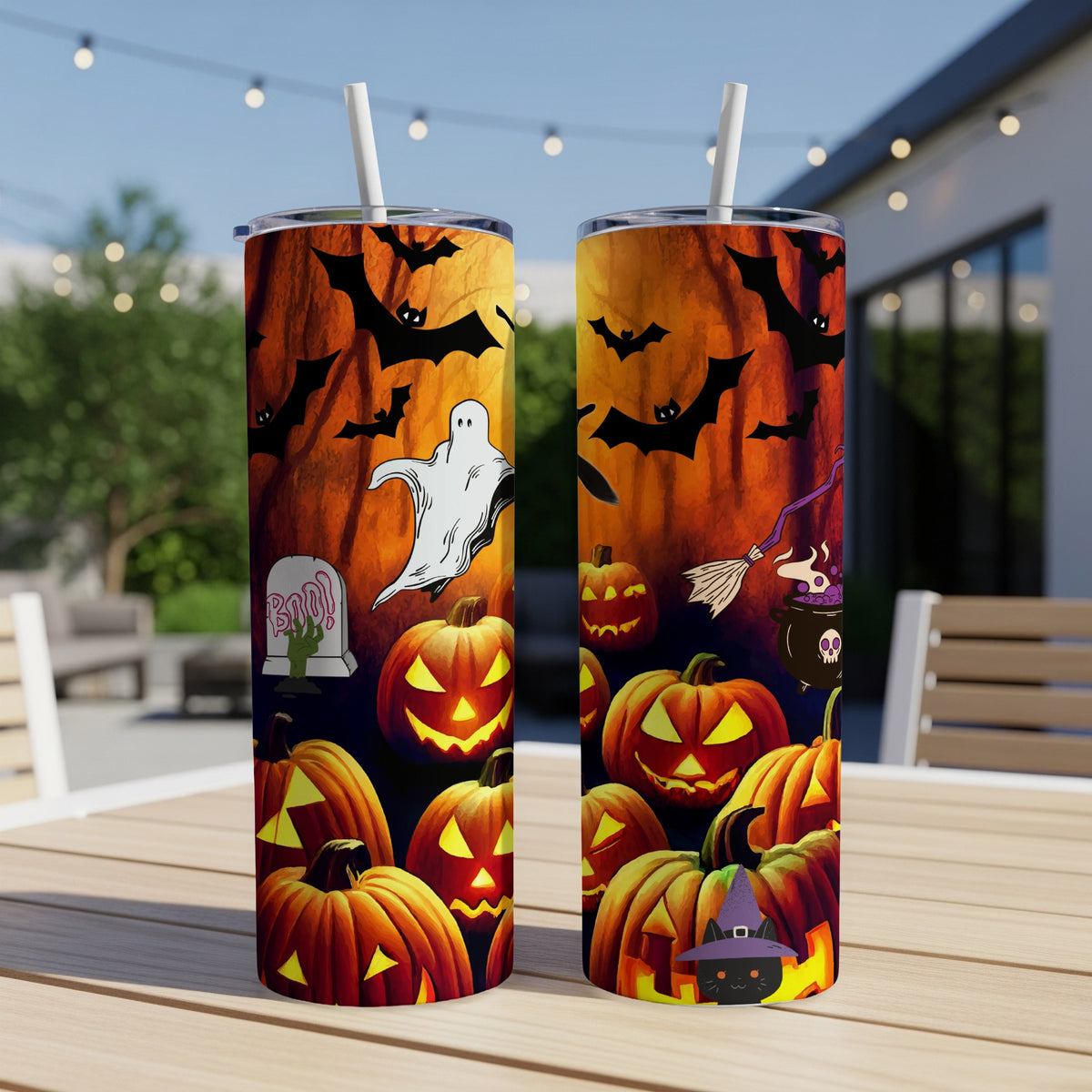 Halloween tumblers with pumpkins, bats, ghost, black cat, and cauldron design.