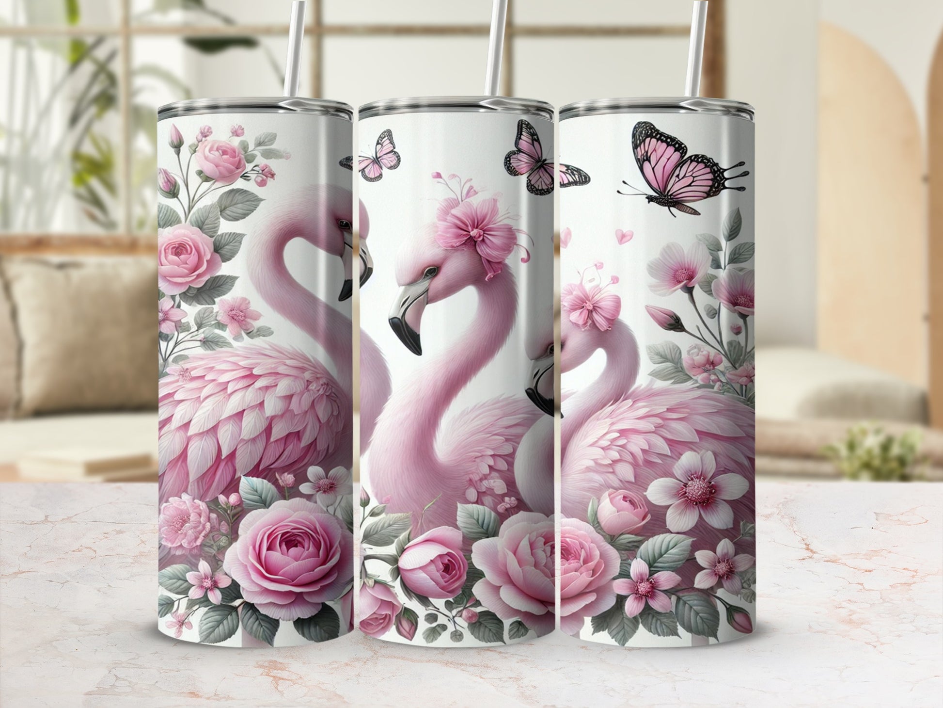 Charming Pink Flamingo Floral Design Tumbler Cup