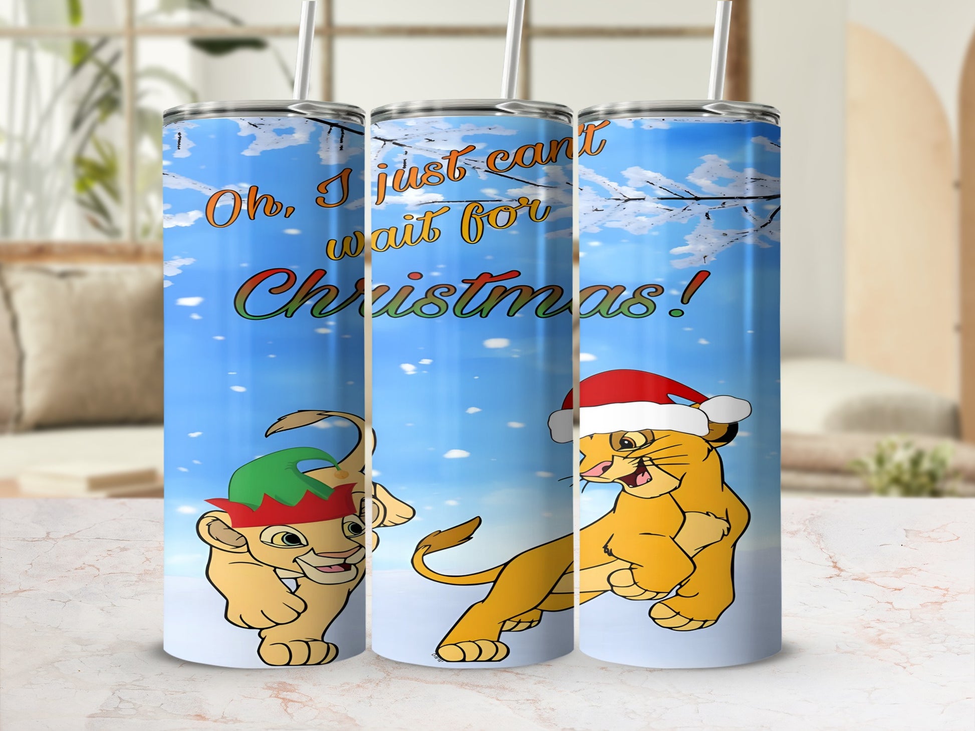 Simba and Nala from The Lion King with "Oh, I just cant wait for Christmas!" text.