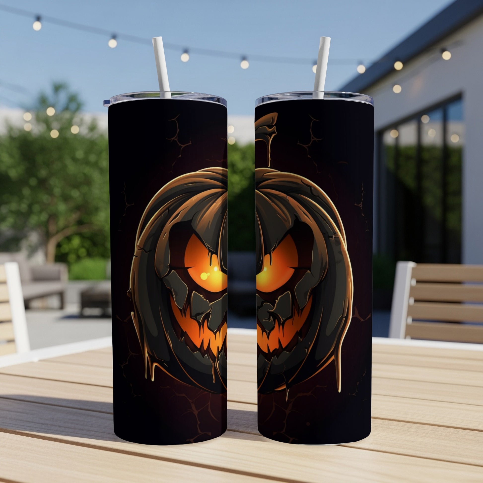Two tumblers with a spooky jack-o'-lantern design with glowing orange eyes.