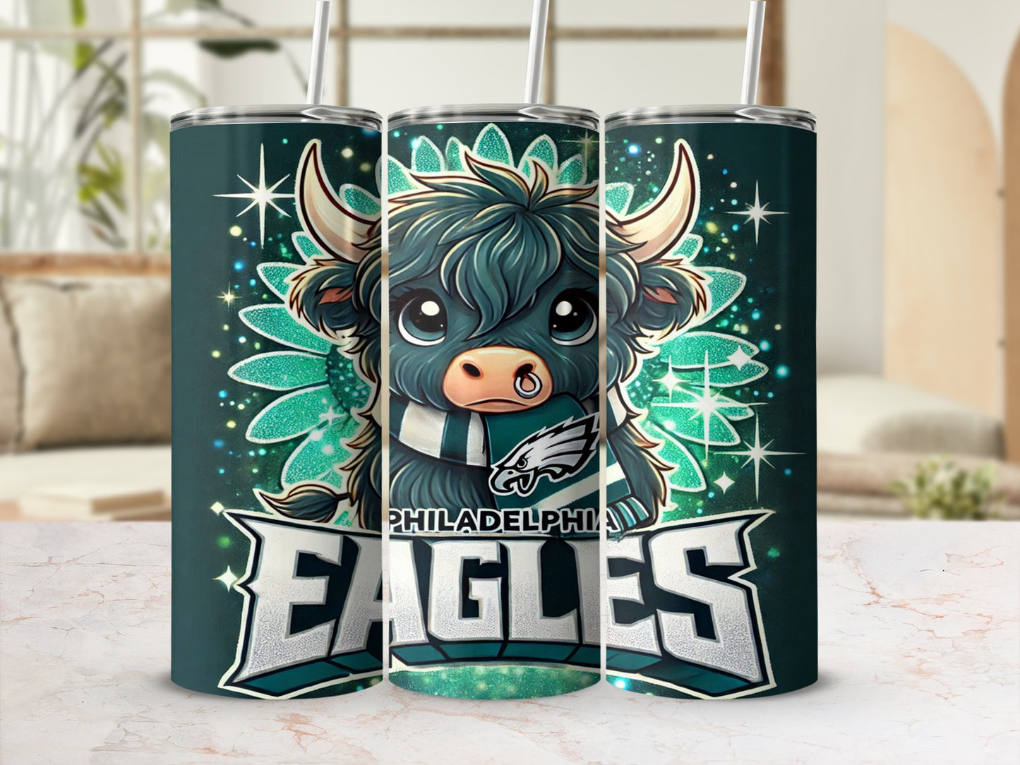 Philadelphia Eagles tumbler with a cartoon bull wearing a scarf and team logo.