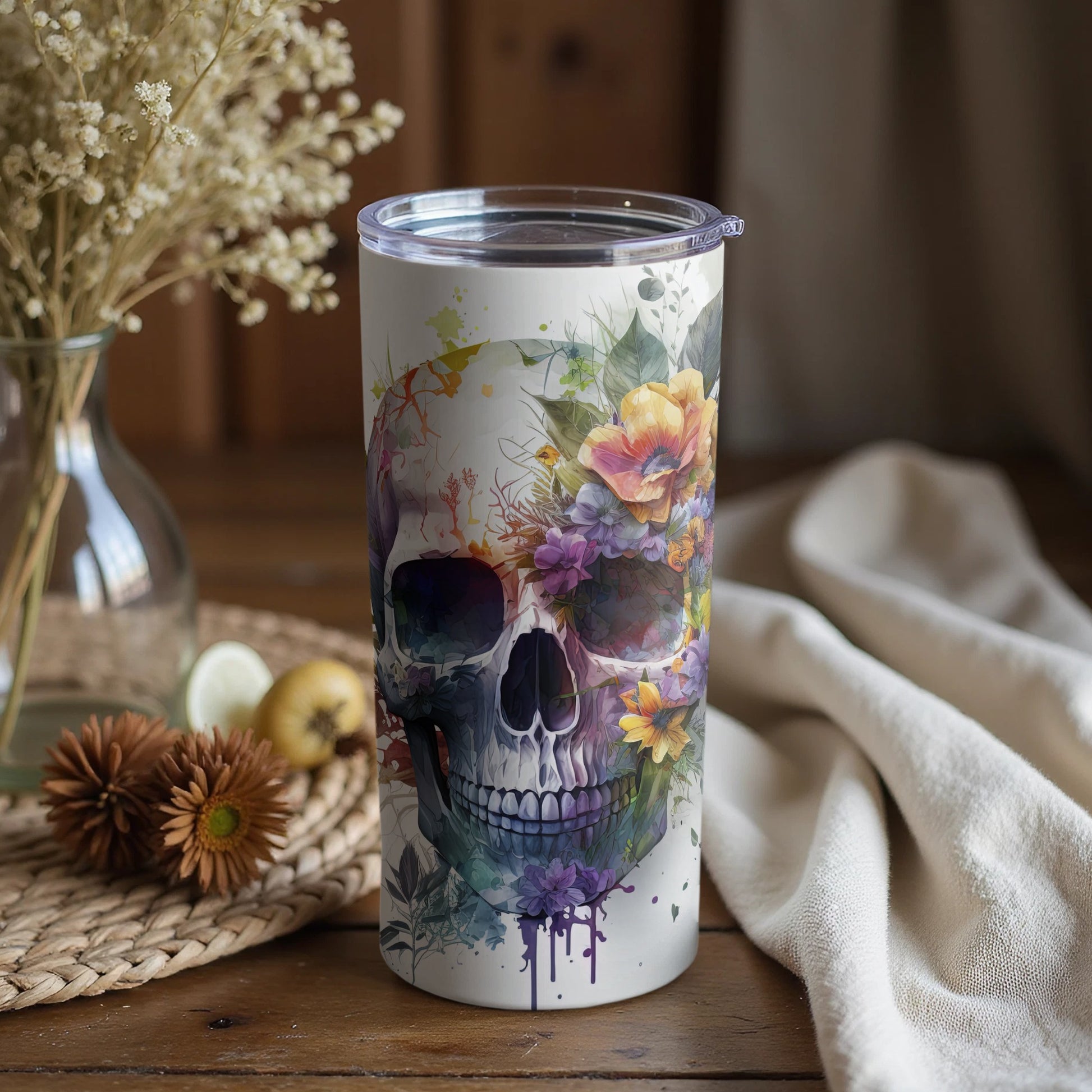 Colorful Skull Design with Floral Pattern Tumbler