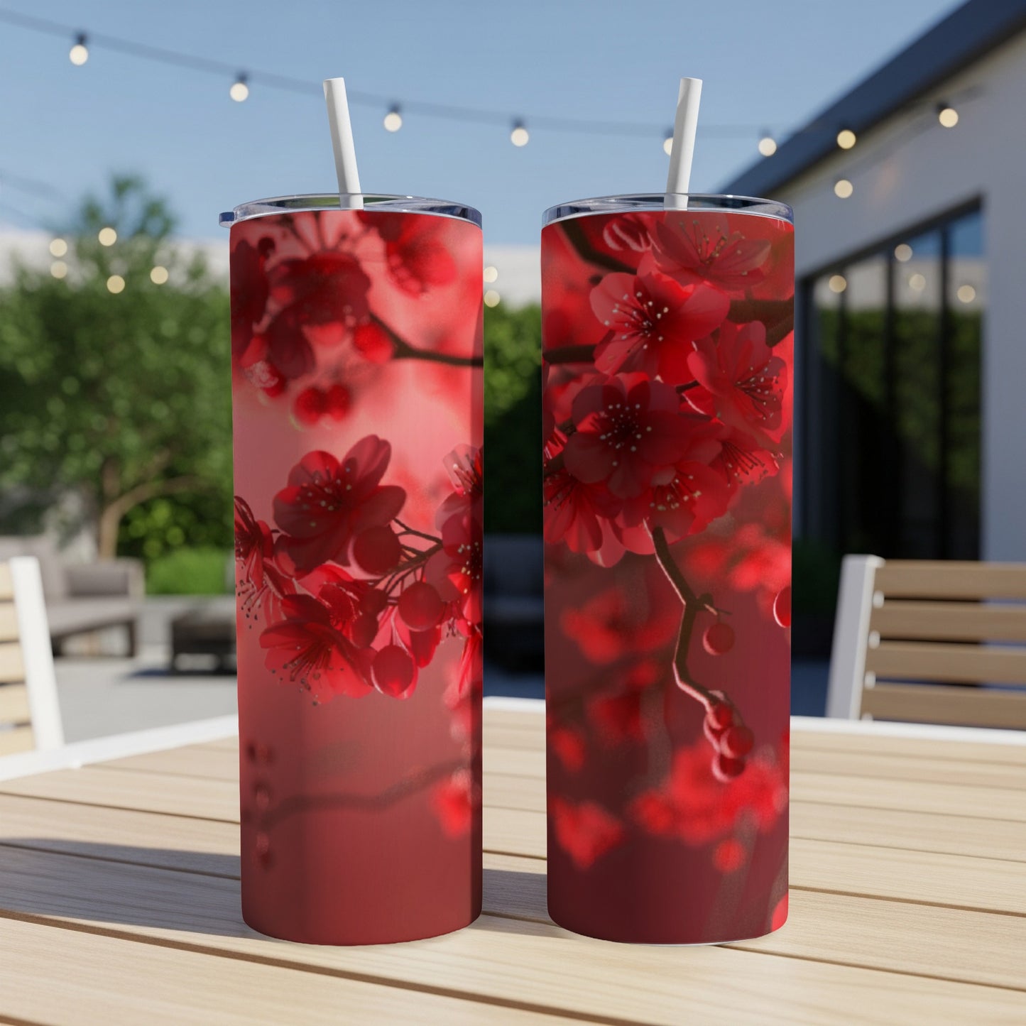 Two tall tumblers with a vibrant red cherry blossom floral design.
