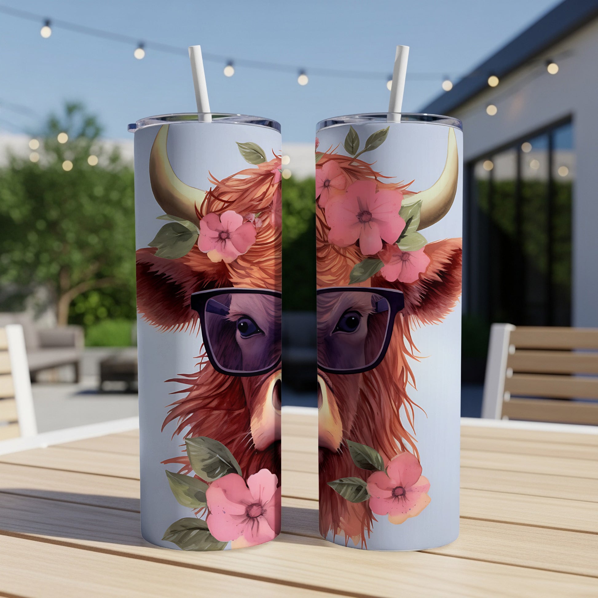 Highland cow with sunglasses and flowers on a tumbler.