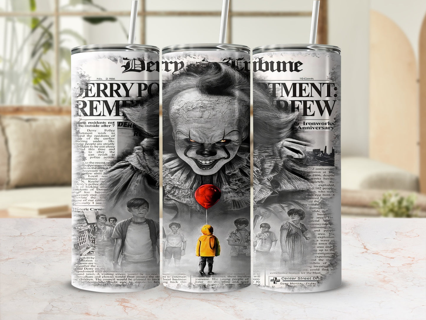 Pennywise with a red balloon and children on a newspaper background.