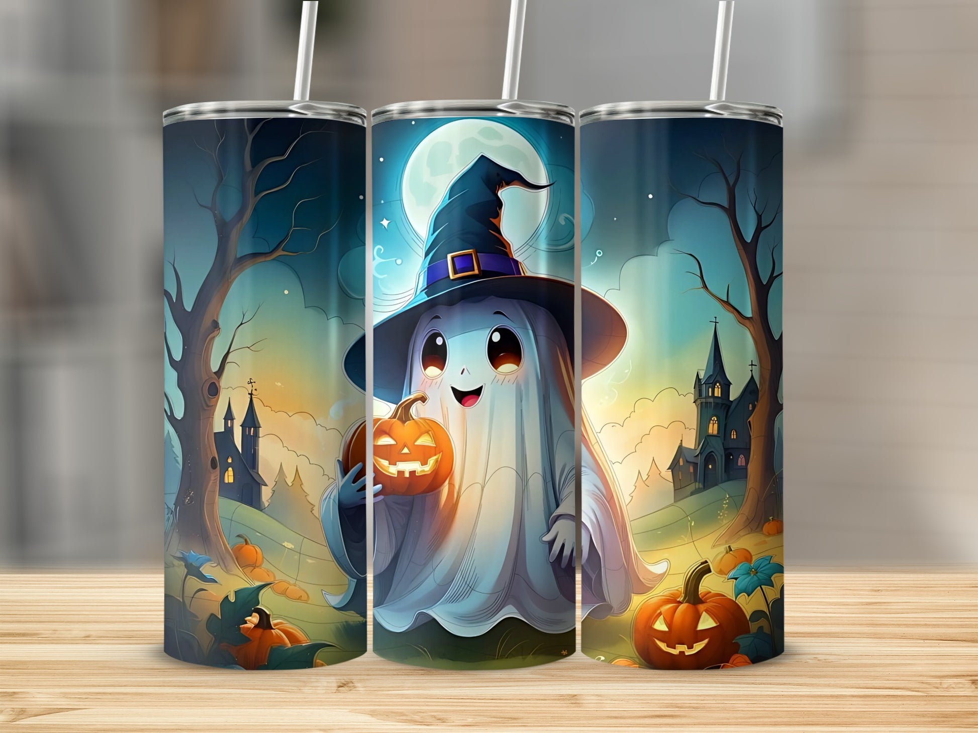 Cute Halloween Ghost with Pumpkin Design Tumbler