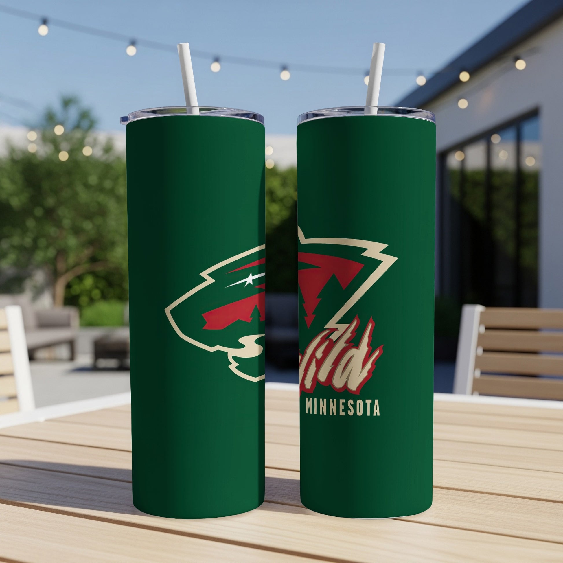 Two green tumblers featuring the Minnesota Wild logo and text.