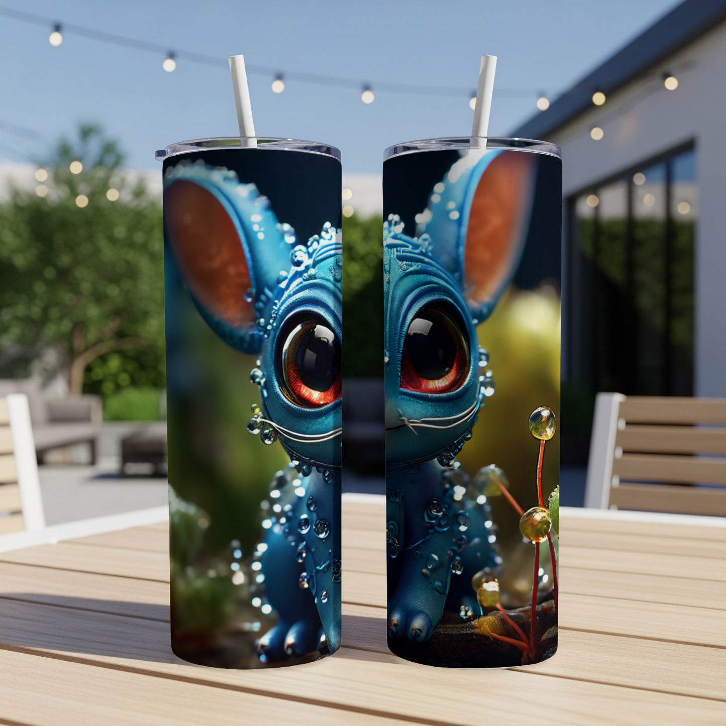 Blue cartoon creature with large eyes and water droplets on a tumbler.