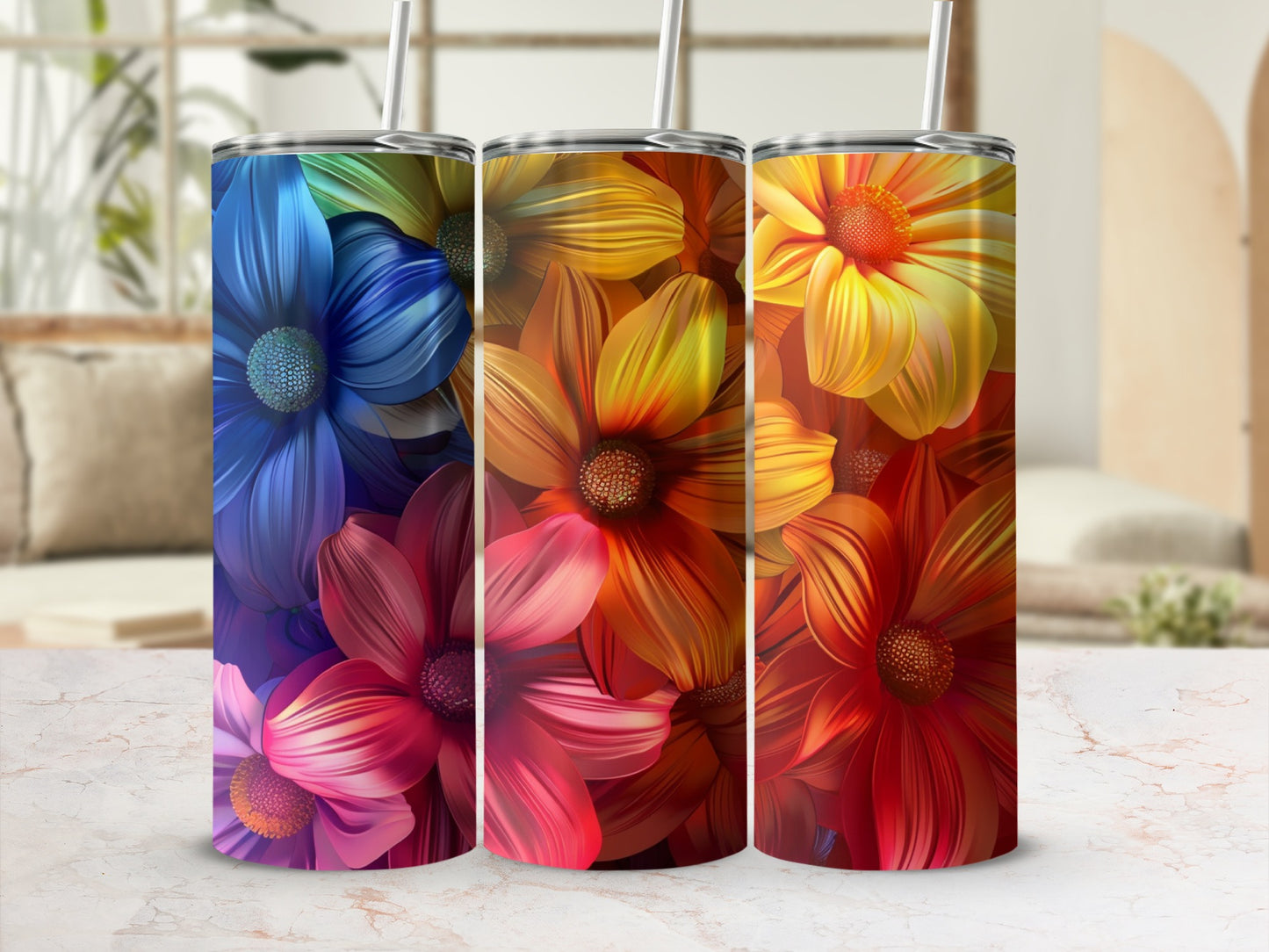 Three tumblers with a colorful floral gradient design.