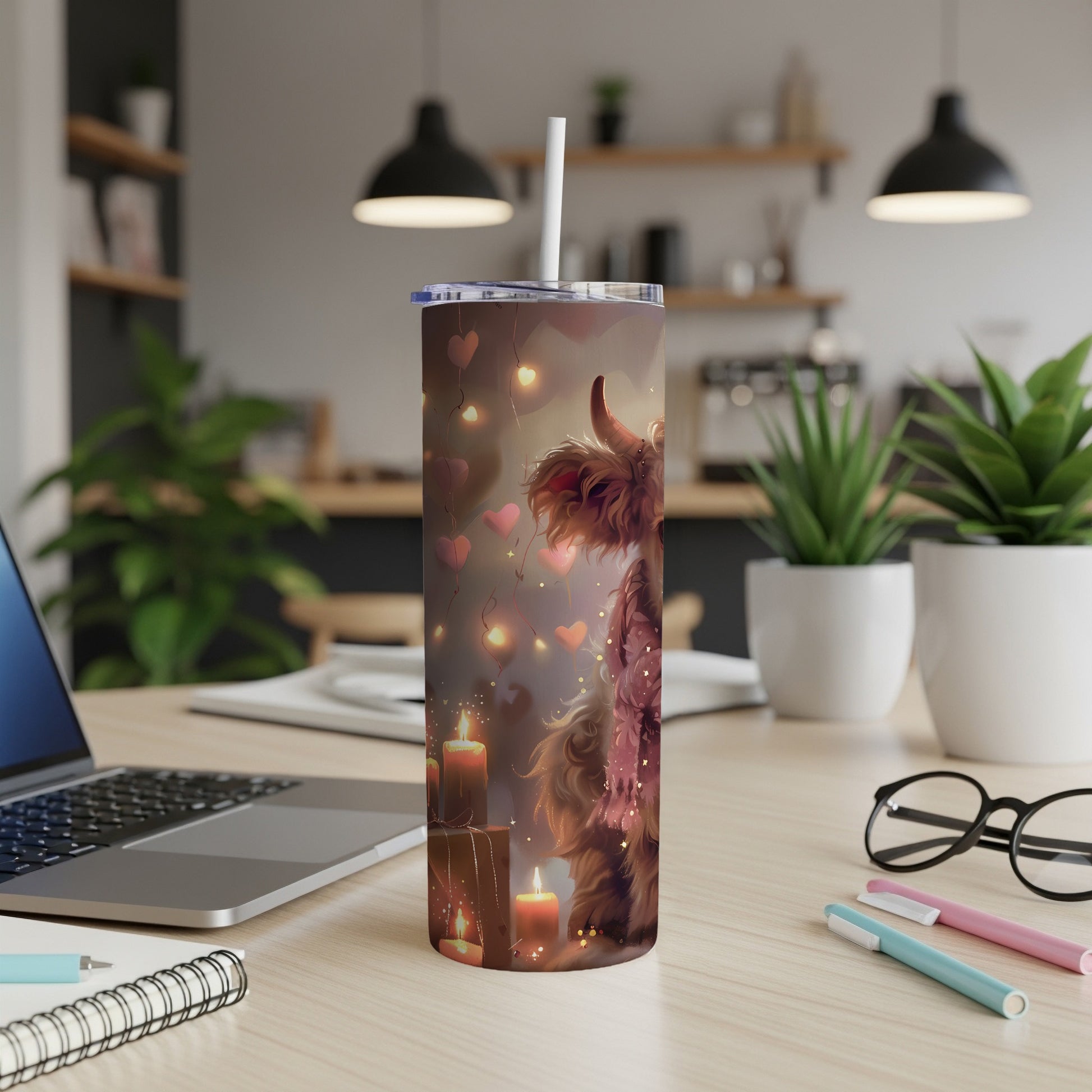 Cow tumbler with hearts and fairy lights, on a desk with a laptop.