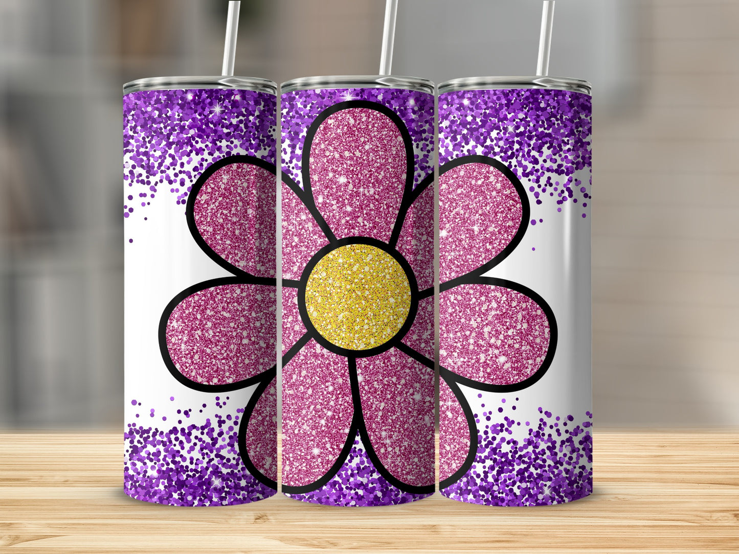 Glitter Pink Purple Flower Design Tumbler