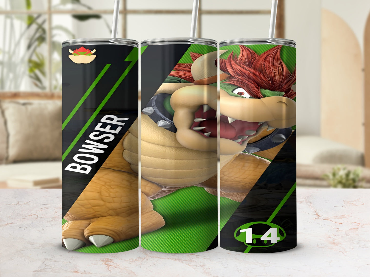 Bowser and "14" graphic on a black and green cylindrical tumbler.