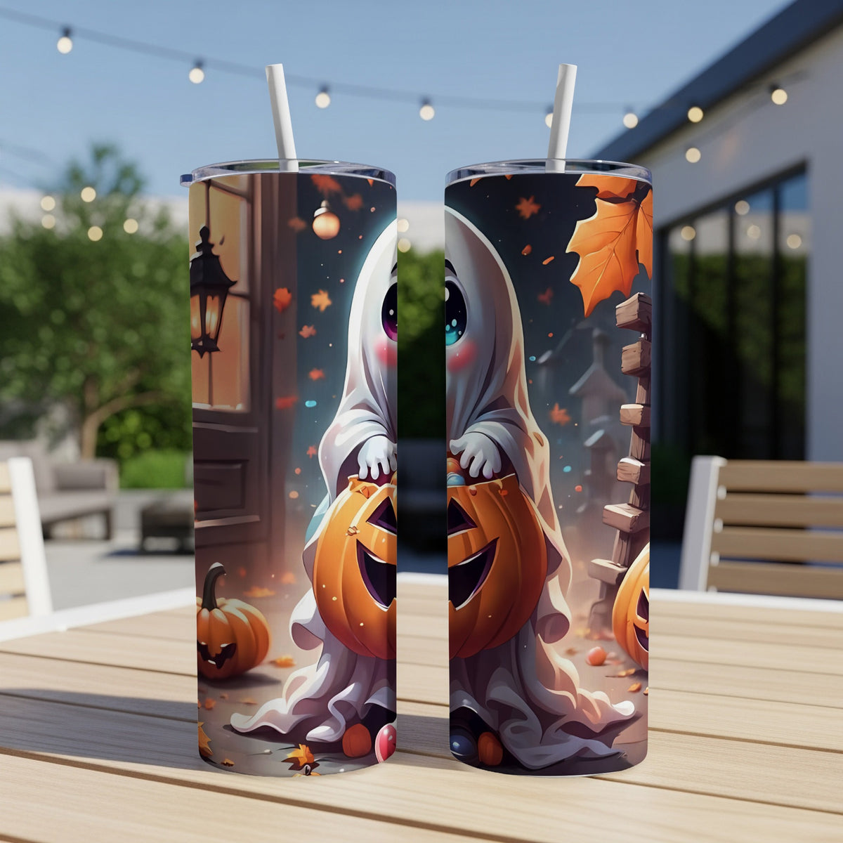 Cute ghost holding a jack-o'-lantern on a Halloween-themed tumbler.