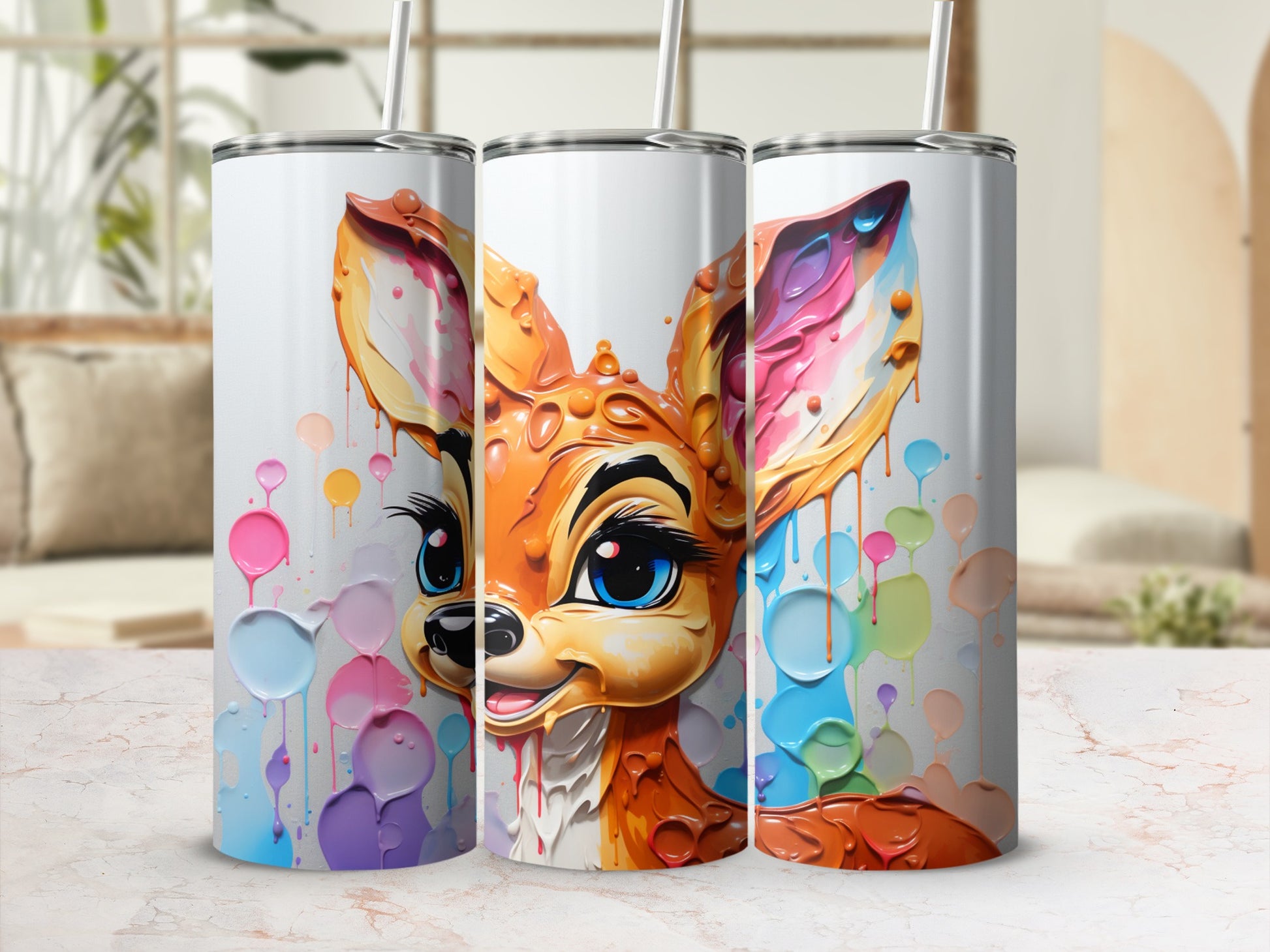 Cute Colorful Deer Art Print with Straw Tumbler Cup