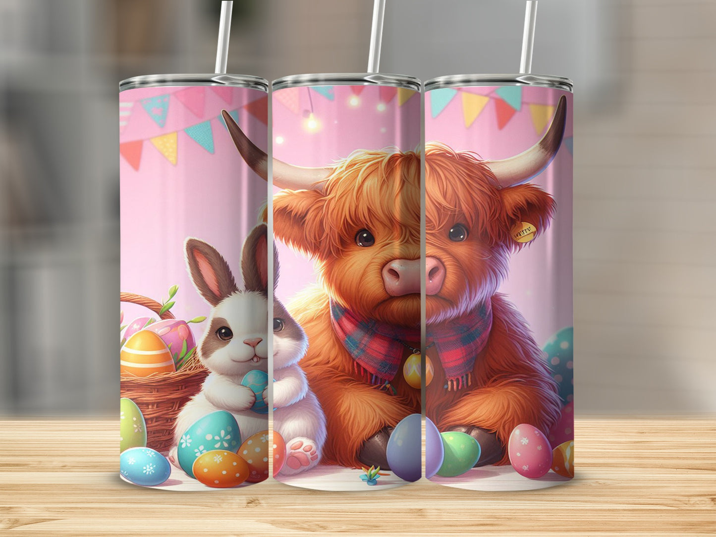 Highland cow and bunny with Easter eggs and bunting.
