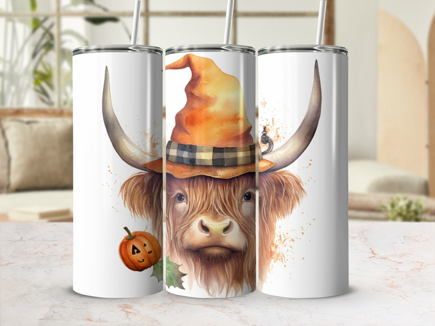 Highland cow in witch hat with pumpkin, watercolor illustration.