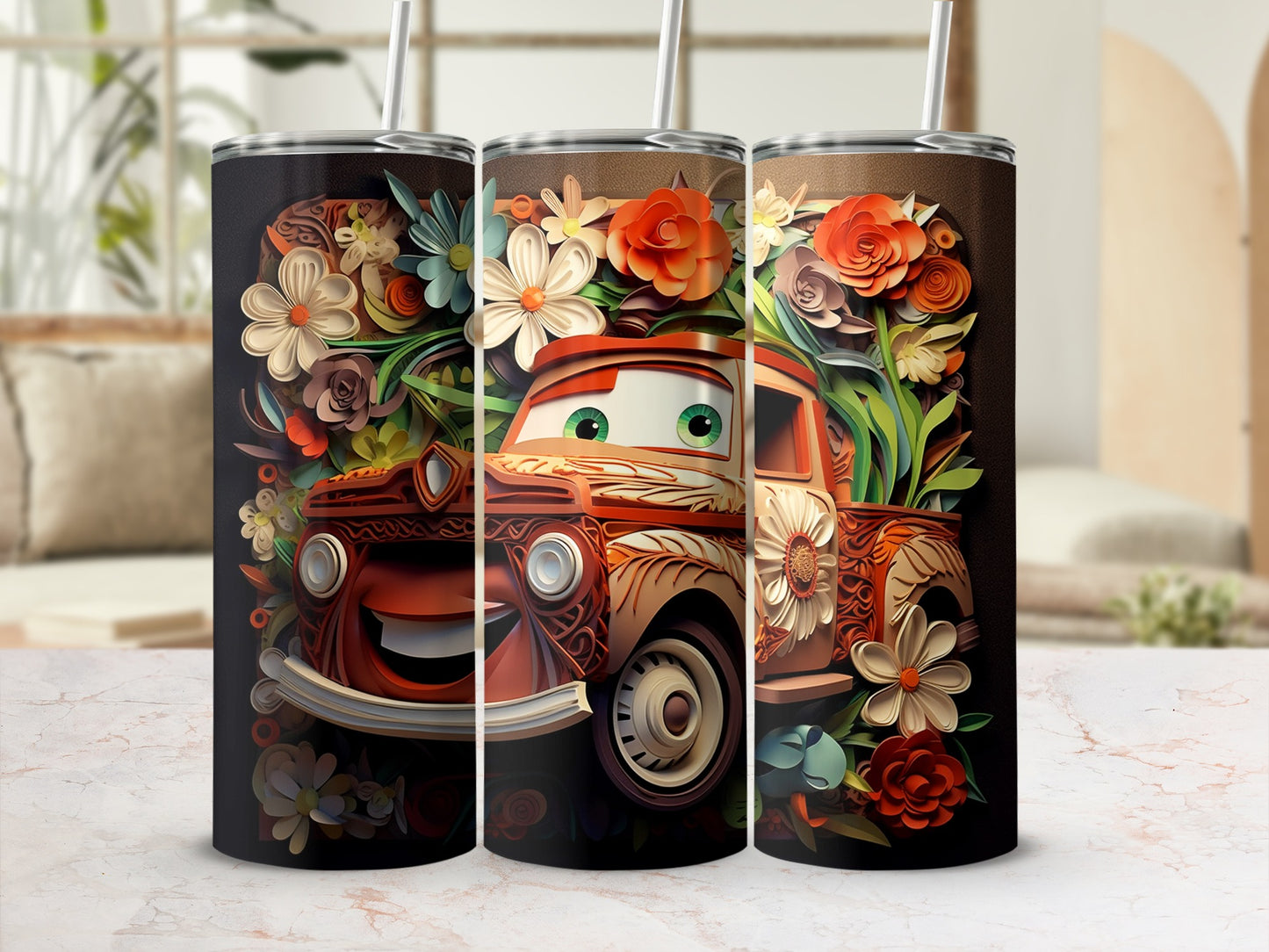 Colorful Retro Car with Floral Design Tumbler Cup