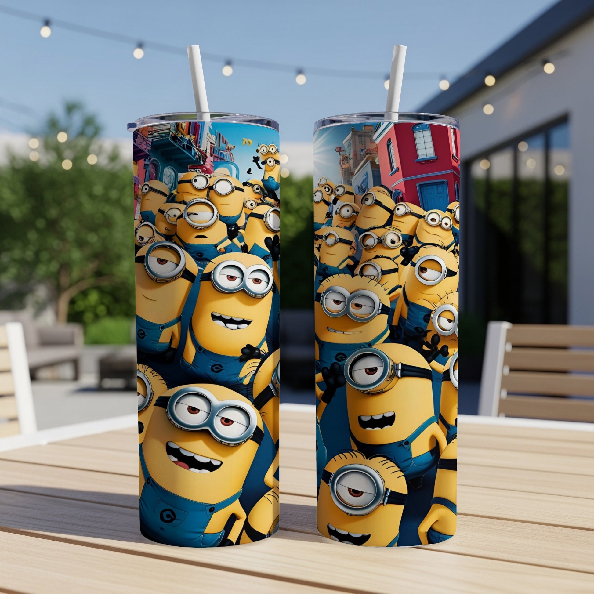 Two Minions tumblers with a background of Minions and city buildings.