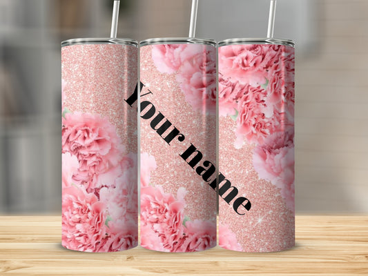 Personalized Pink Floral Glitter Design Tumbler