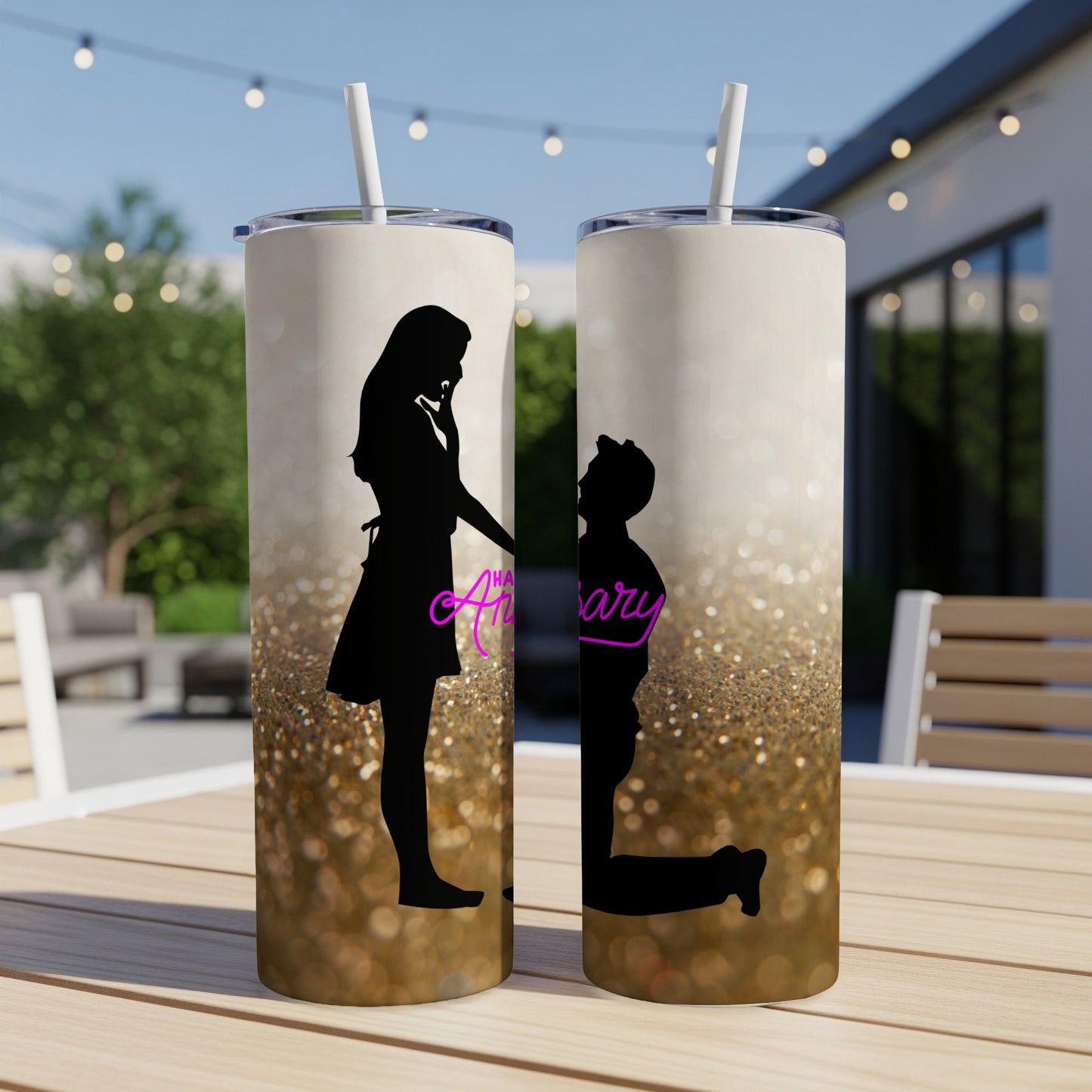 Couple silhouette with "Anniversary" text on a sparkly tumbler.