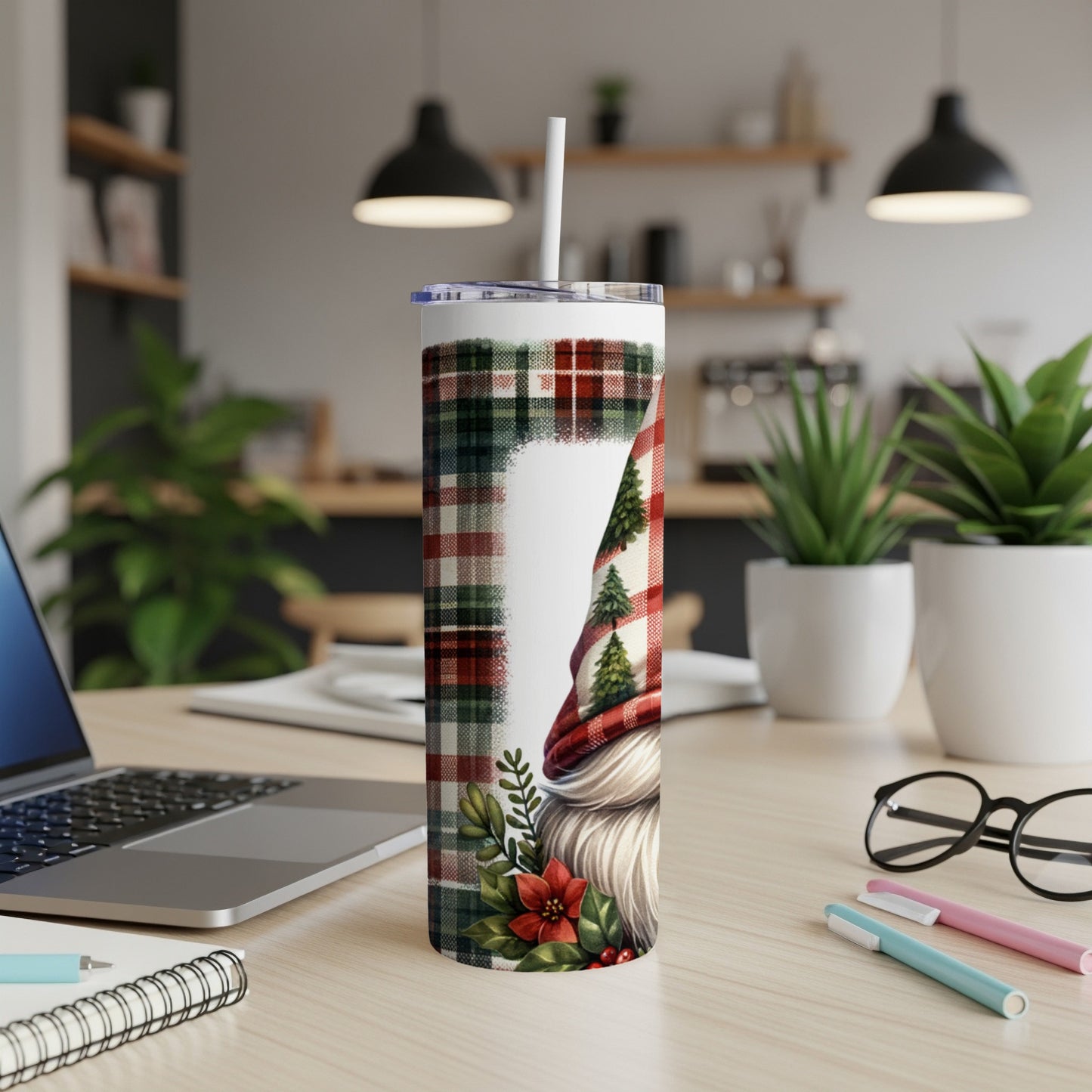 Gnome tumbler with red plaid hat and Christmas tree pattern.
