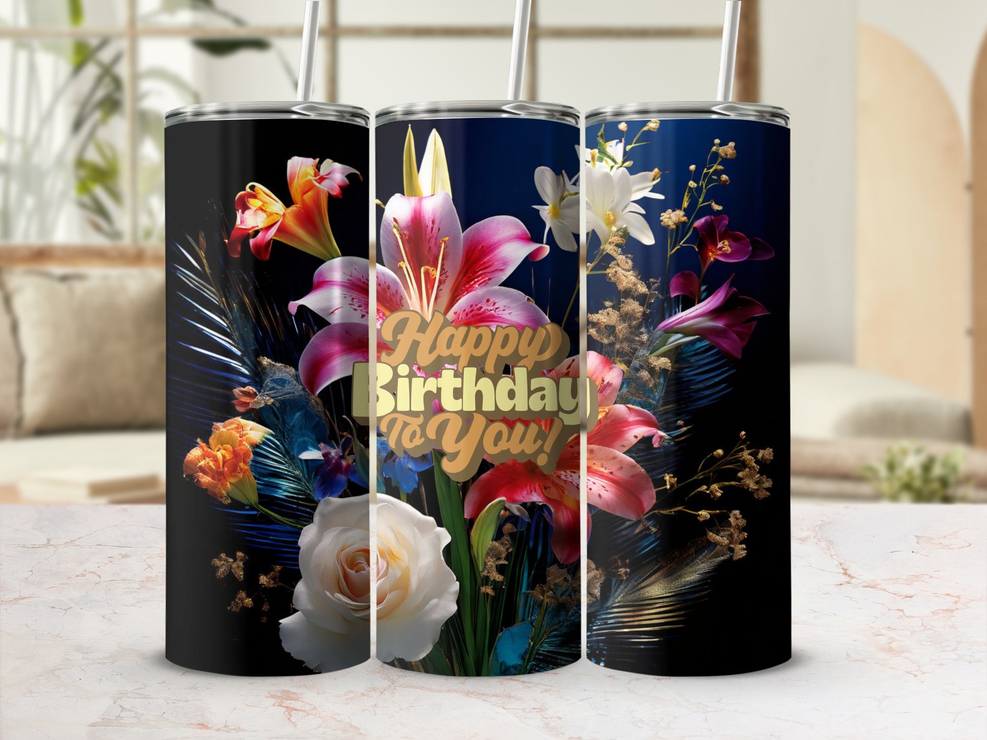 Tumbler with "Happy Birthday to You" text and floral design.