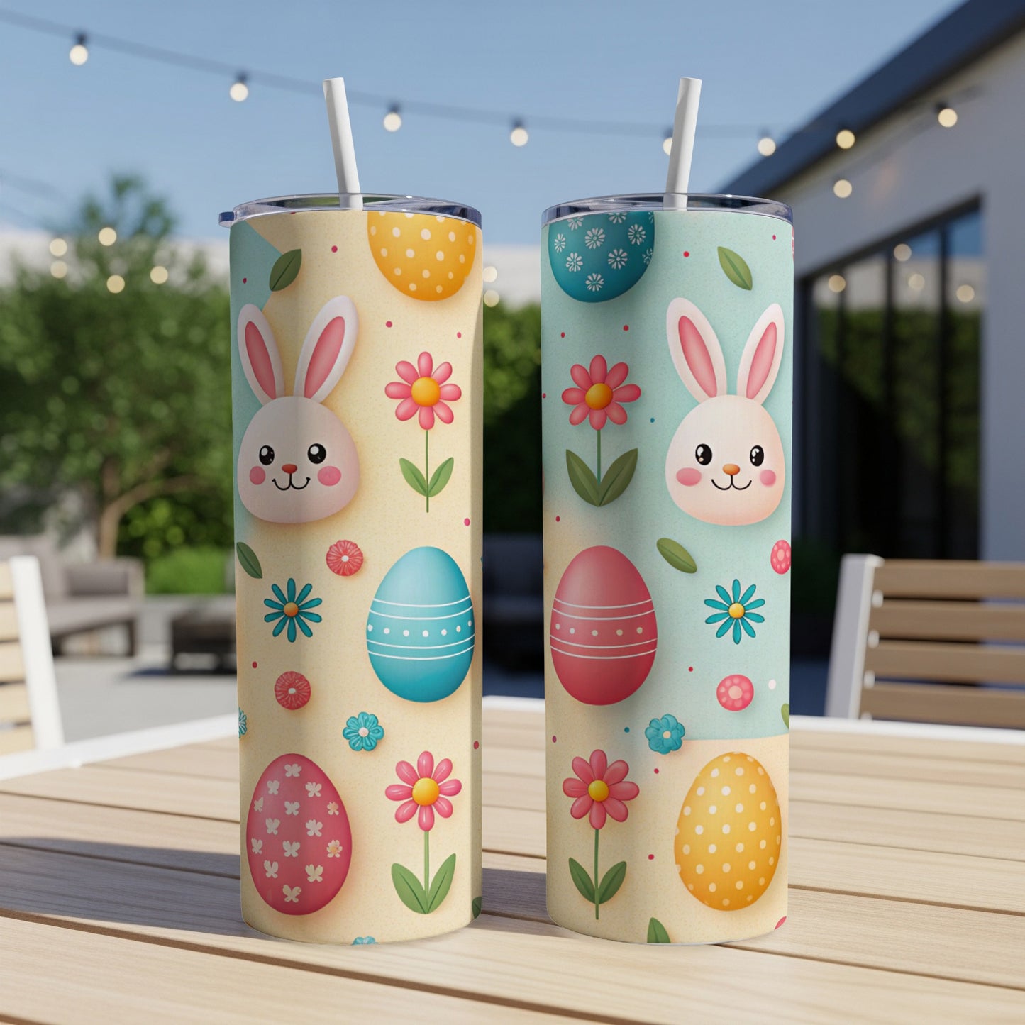 Two Easter-themed tumblers with bunny and egg designs on a table.