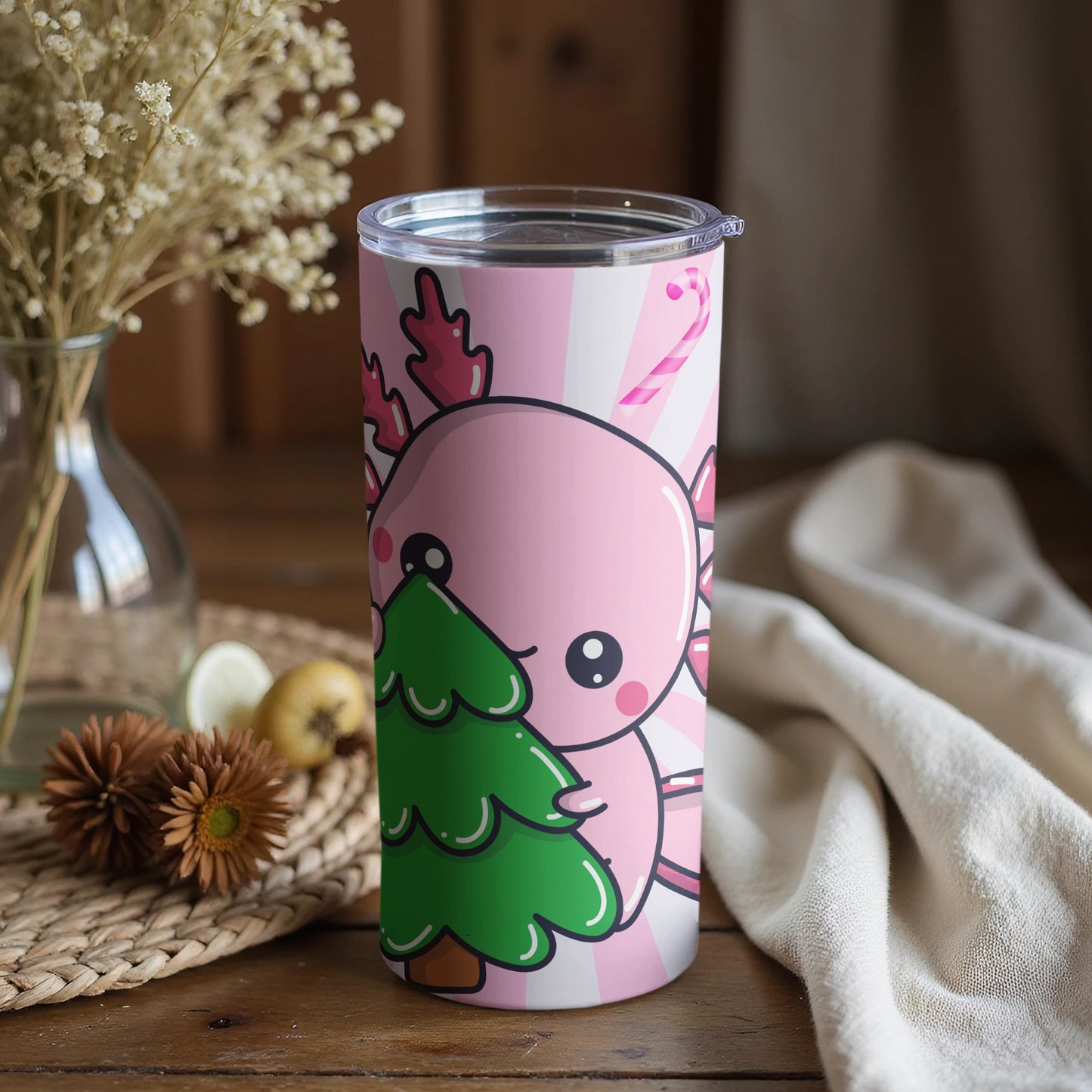 Cute Pink Axolotl with Christmas Tree Design Tumbler