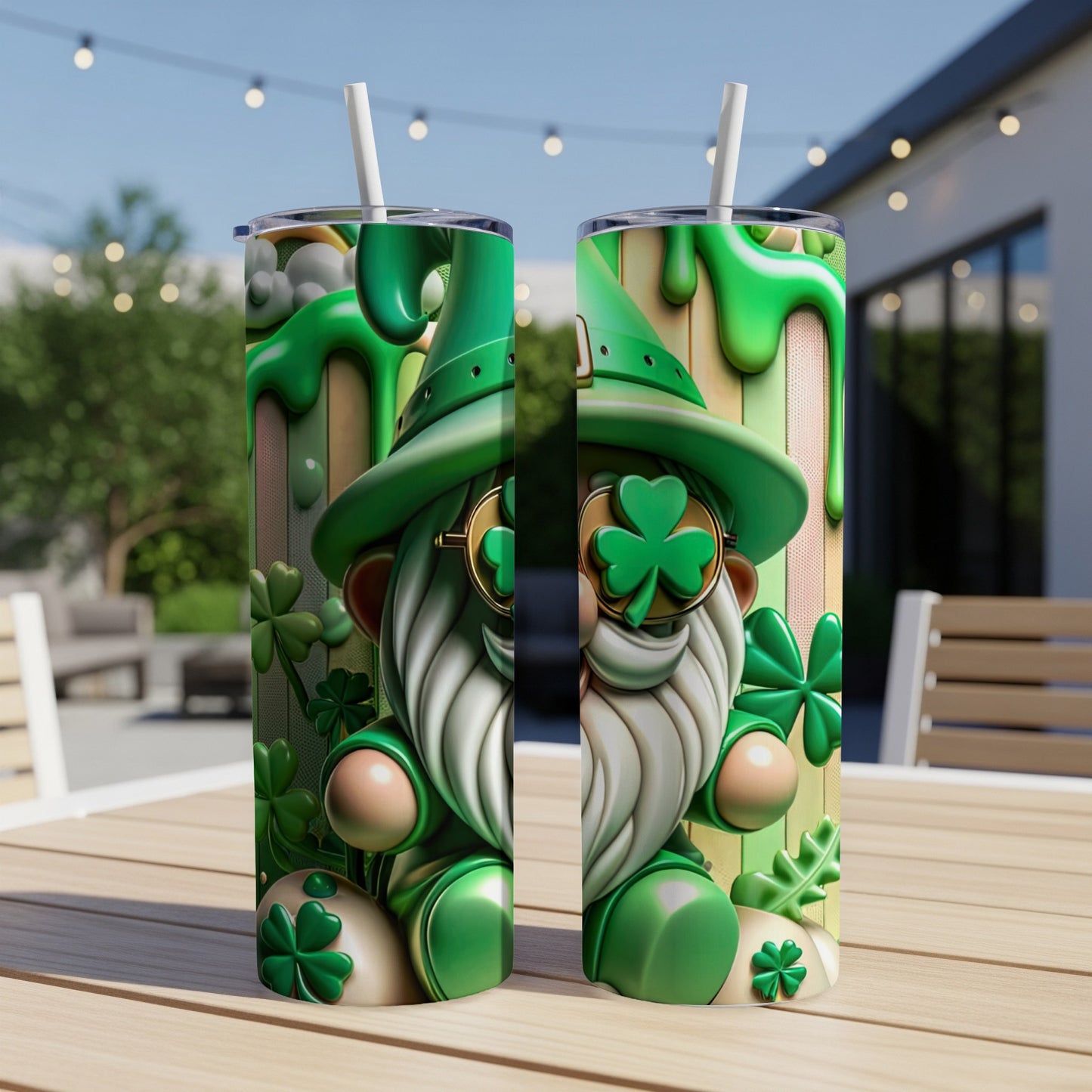Green gnome with shamrocks and gold coins on a St. Patrick's Day tumbler.