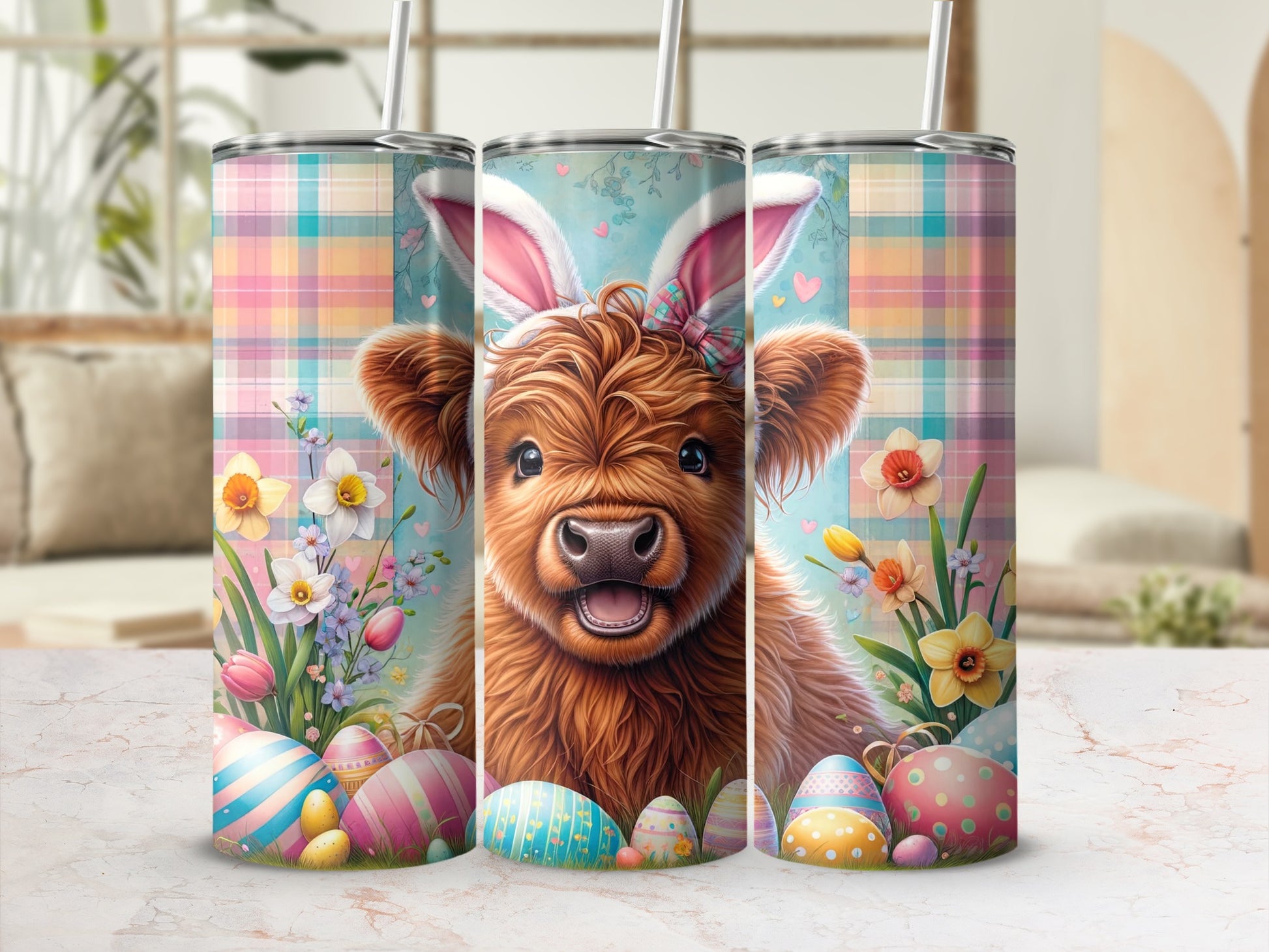 Cow wearing bunny ears with Easter eggs and flowers on a tumbler.