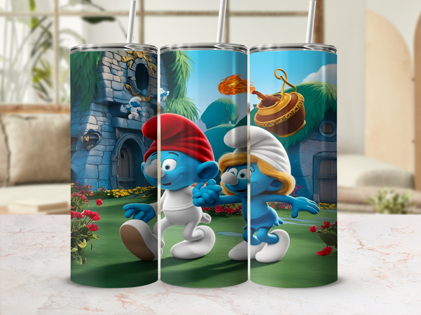 Two Smurfs walk together in a cartoon village setting.