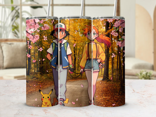 Anime Characters Walking in Autumn Forest Design Tumbler