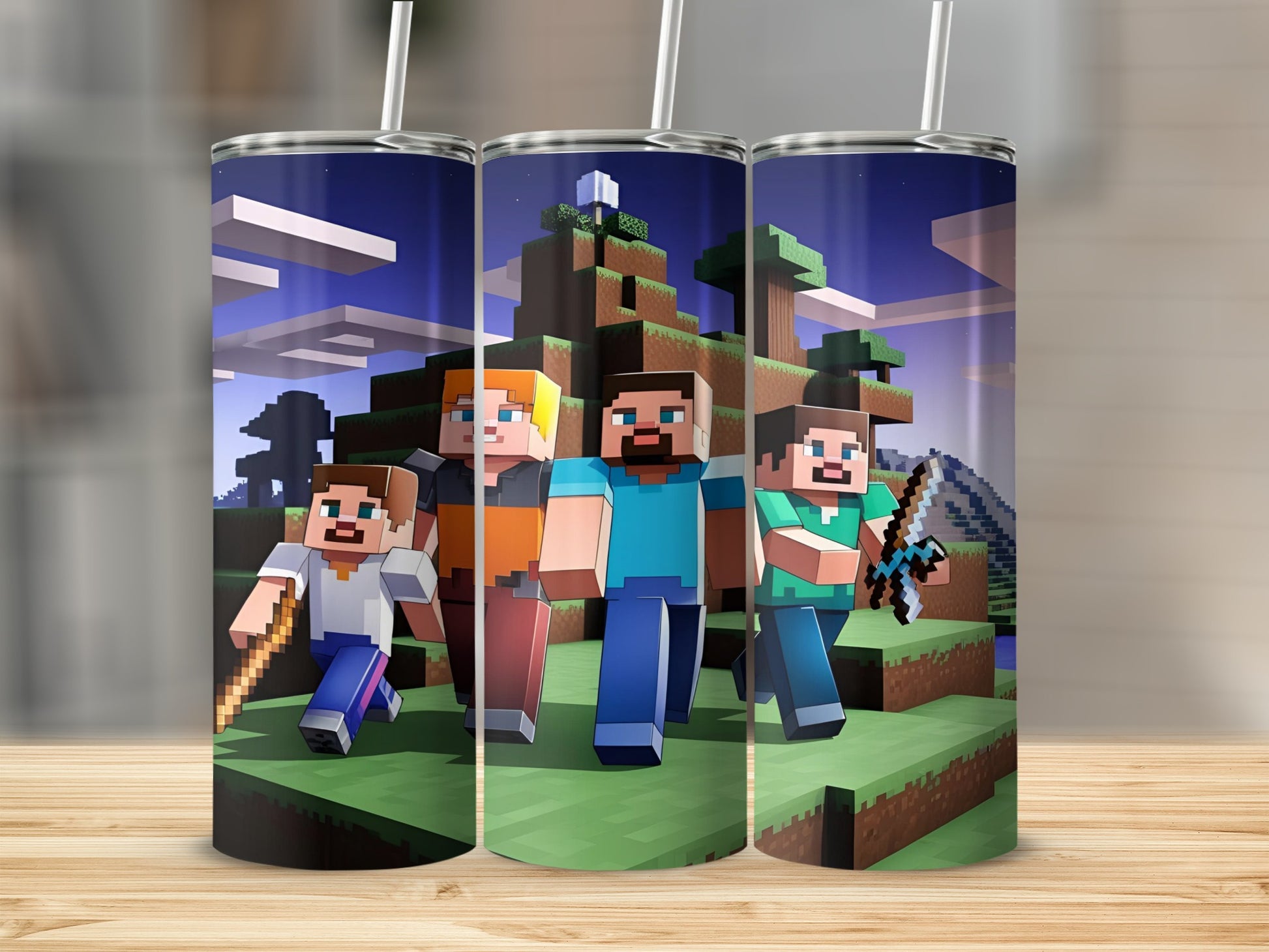 Four Minecraft characters stand in a pixelated landscape with tools.