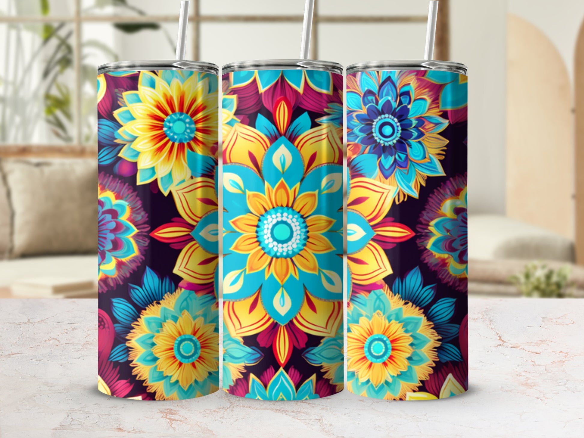 Three tumblers with vibrant floral mandala patterns and straws, displayed on a marble surface.