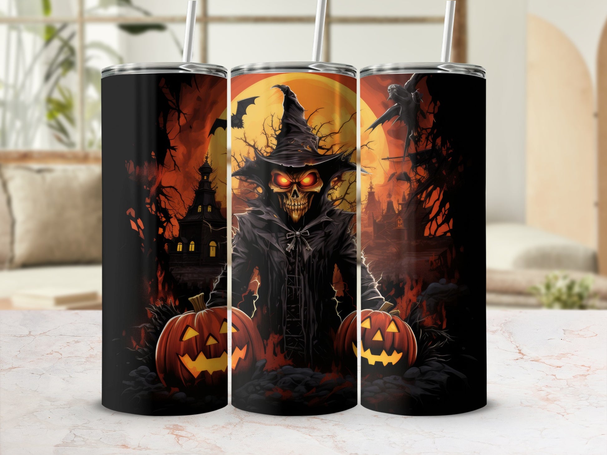 Halloween tumbler with a grim reaper, pumpkins, haunted castle, and bats.