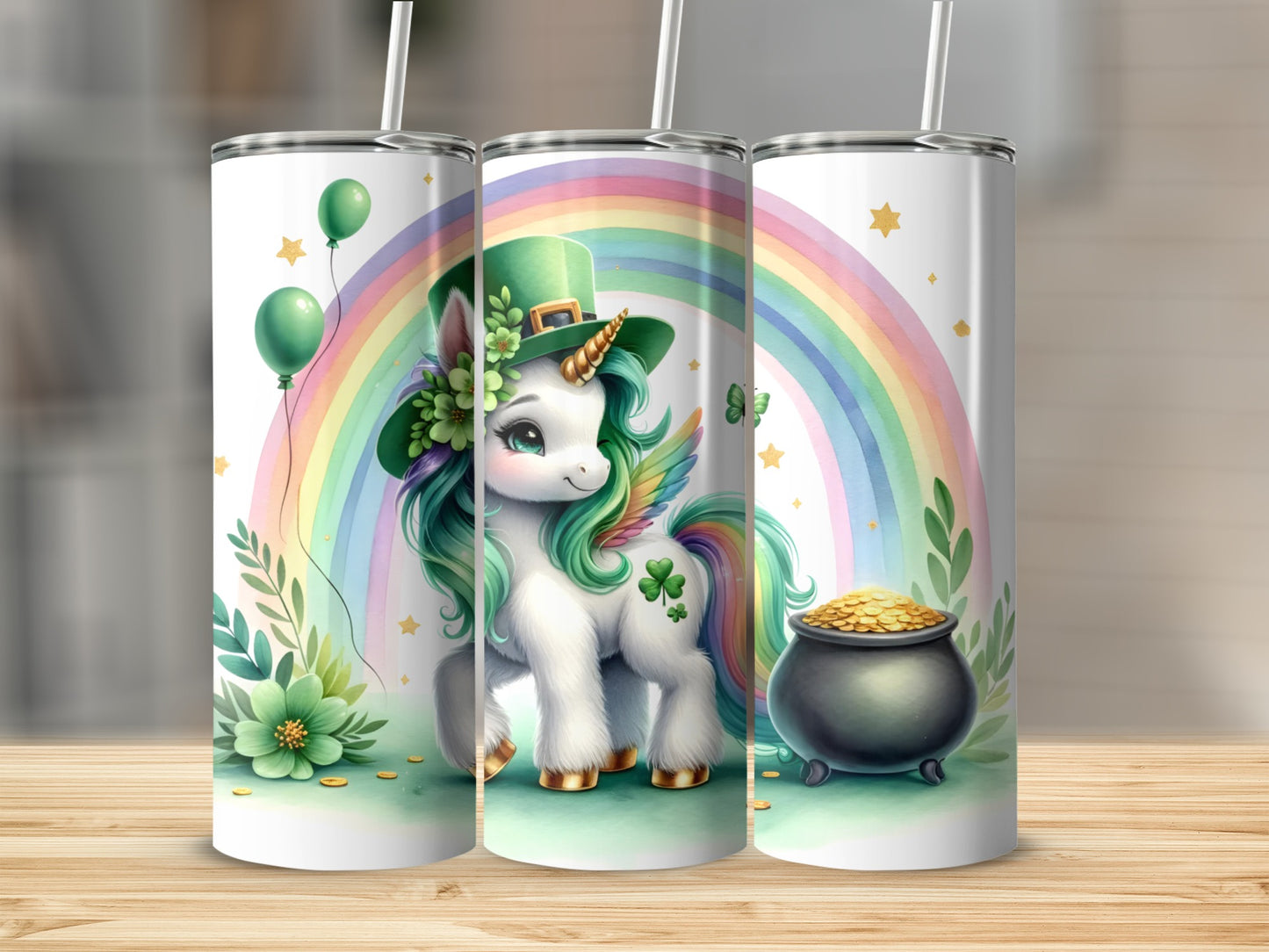 St. Patrick's Day unicorn with rainbow, pot of gold, and shamrocks on tumbler.