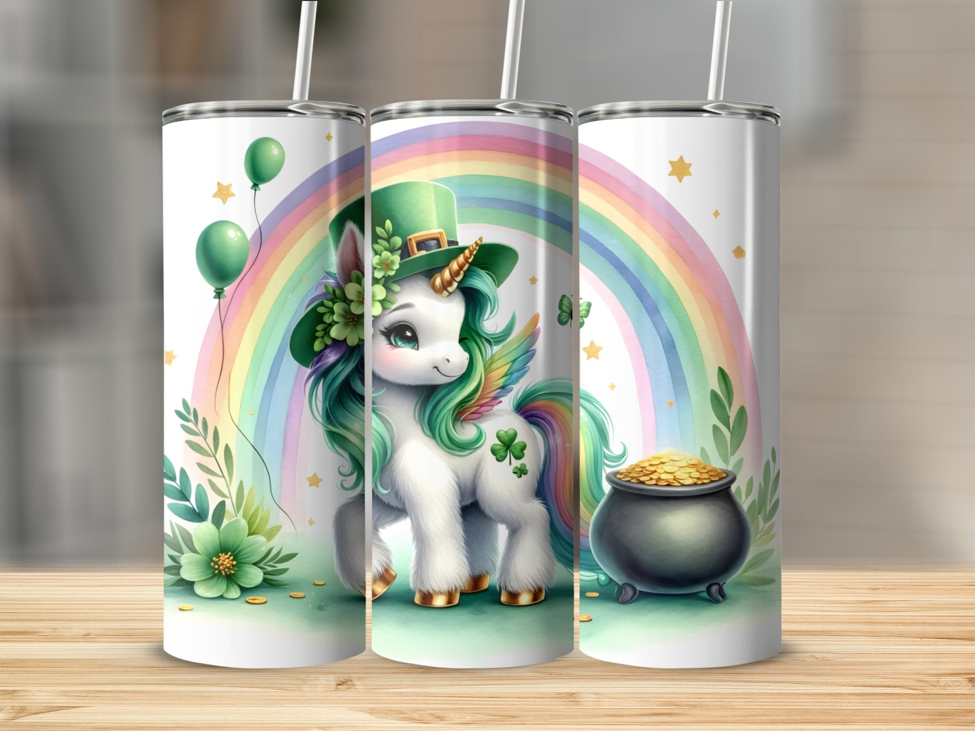 St. Patrick's Day unicorn with rainbow, pot of gold, and shamrocks on tumbler.