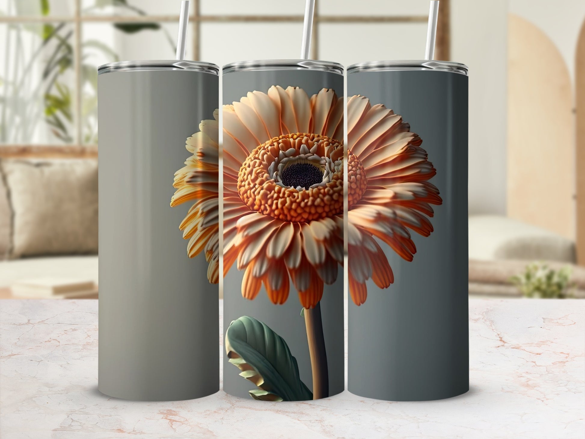 Gerbera Daisy Print Tumbler With Stainless Steel Straw